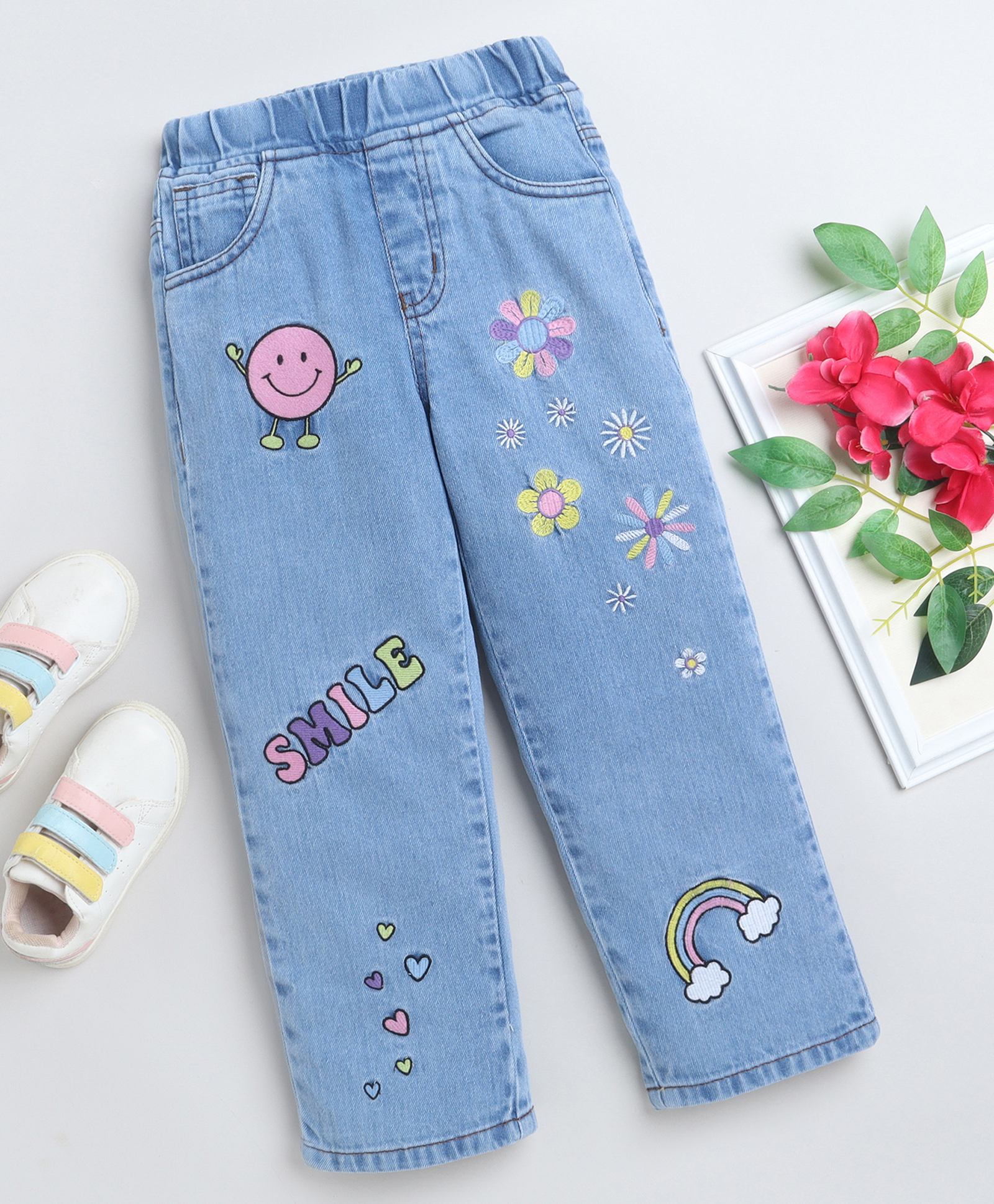 Bright Stars KIDSWEAR Denim Floral & Rainbow Embroidered Jeans - Blue-picture-24
