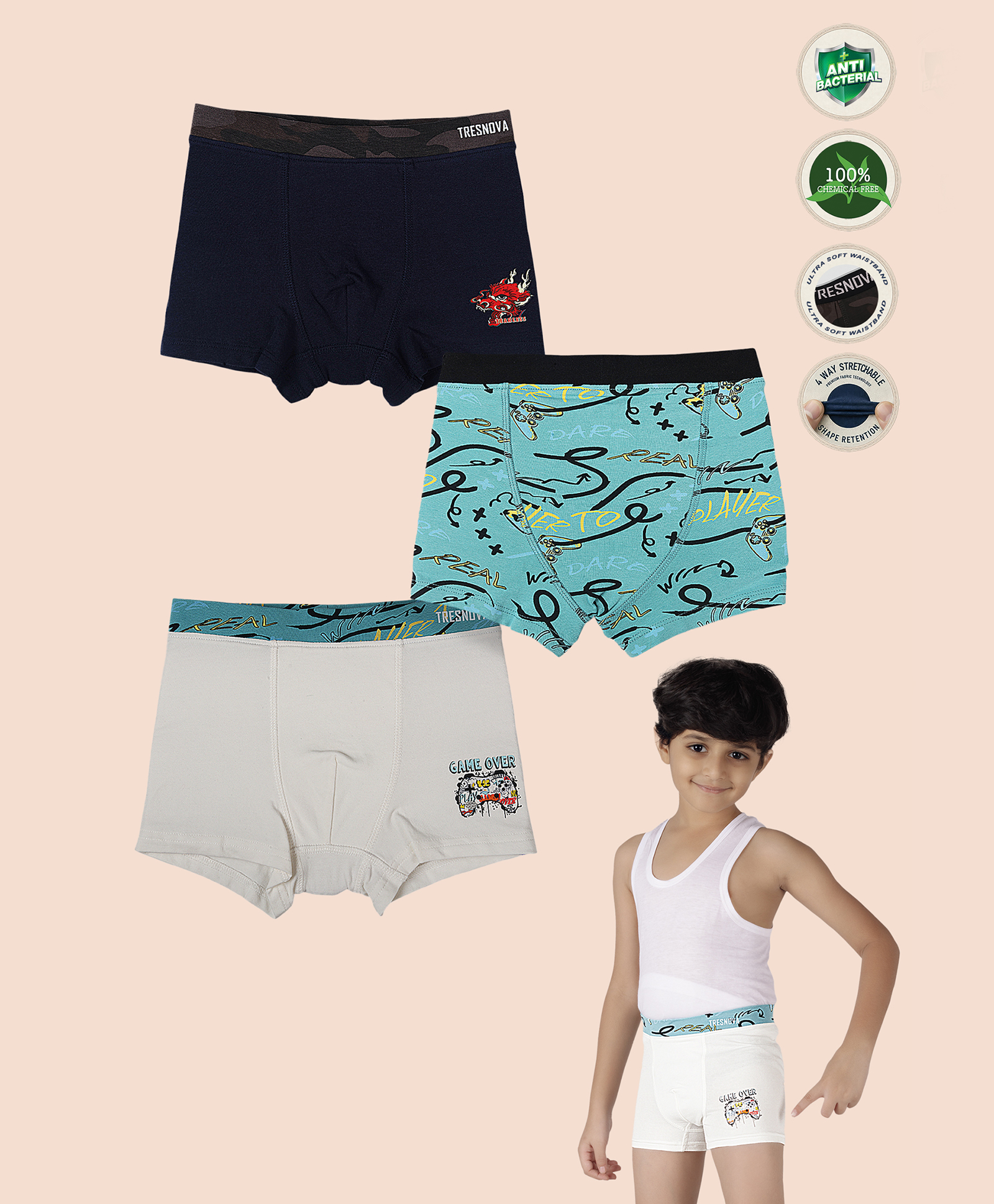 TRESNOVA Cotton Elastane Knit Pack of 3 Dragon Face & Typography Printed Smart Waistband Technology Designed Soft Boxers - Teal Off White & Navy Blue-picture-5
