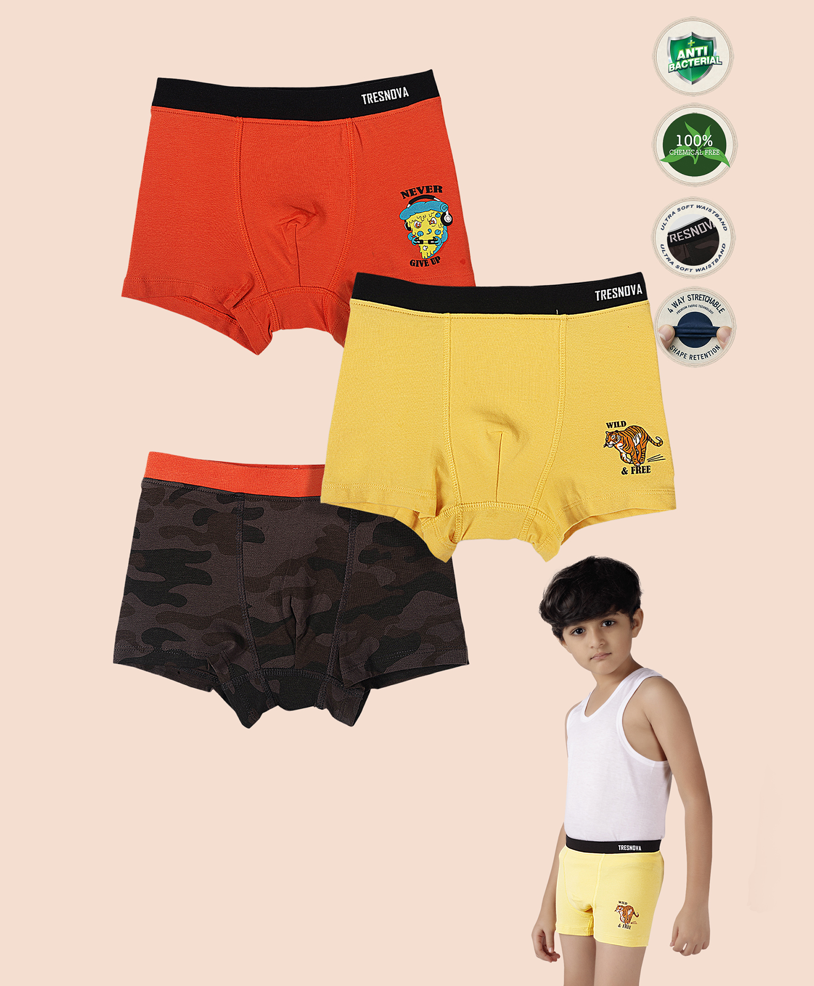 TRESNOVA Cotton Elastane Knit Pack of 3 Tiger & Camouflage Printed Smart Waistband Technology Designed Soft Boxers - Yellow Orange & Multi Colour-picture-23
