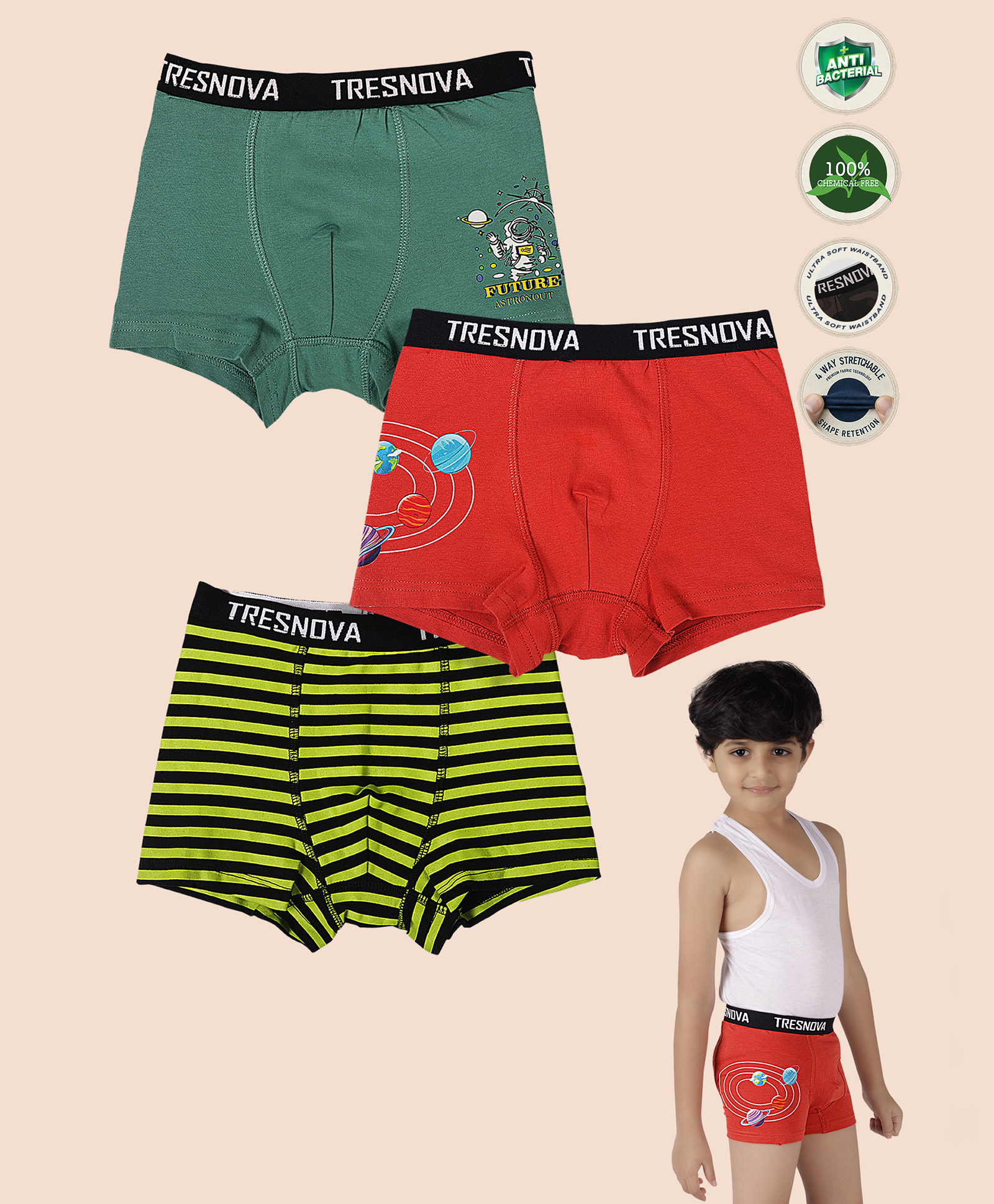 TRESNOVA Cotton Elastane Knit Pack of 3 Striped & Space Theme Printed Smart Waistband Technology Designed Soft Boxers - Black Green & Orange-picture-17