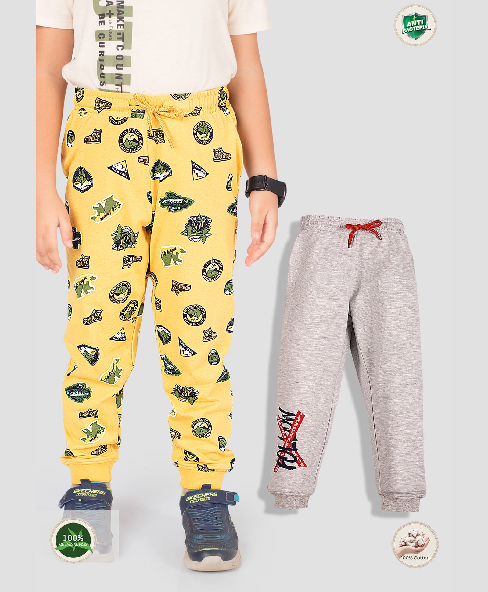 TRESNOVA 100% Premium Cotton Knit Pack Of 2 Jungle Theme & Typography Printed Track Pants - Yellow & Grey-picture-19