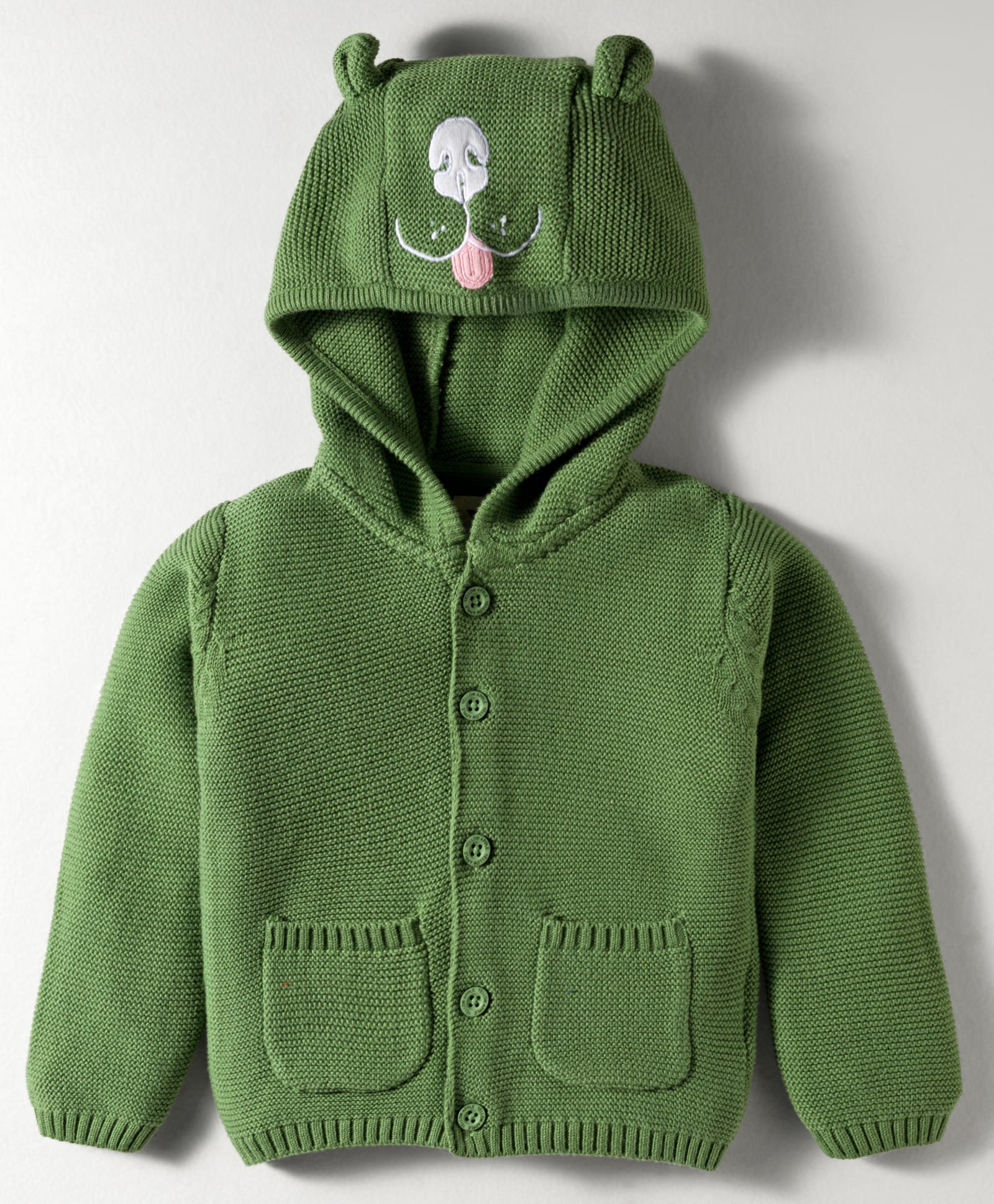 Yellow Apple Knit Full Sleeves Hooded Front Open Sweater With Cat Face Embroidered - Green-image-28