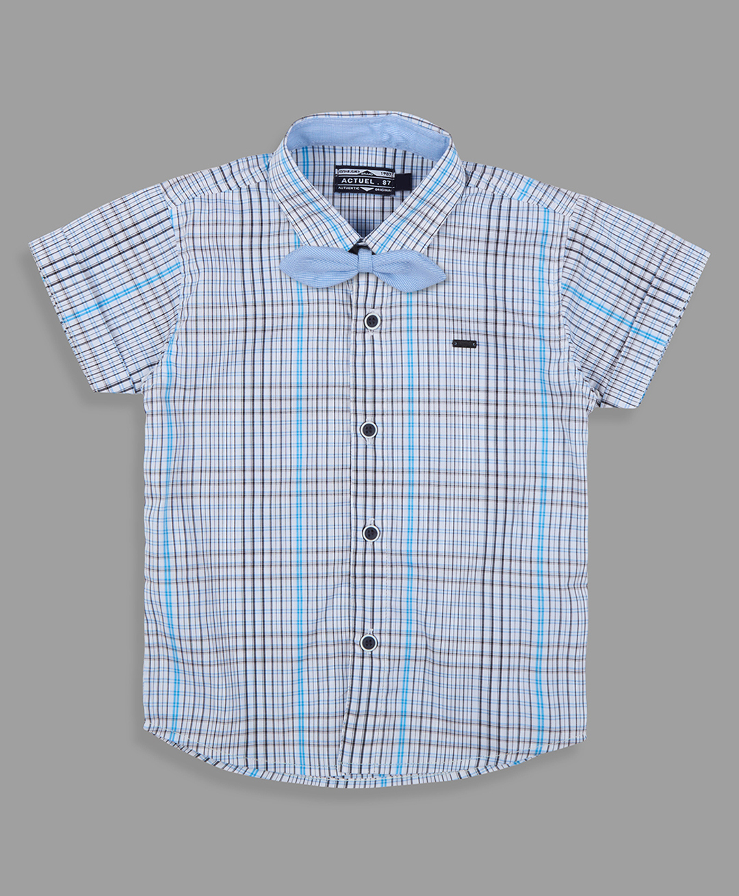 Actuel Cotton Woven Half Sleeves Checked Shirt With Bow - White Blue & Black-picture-20