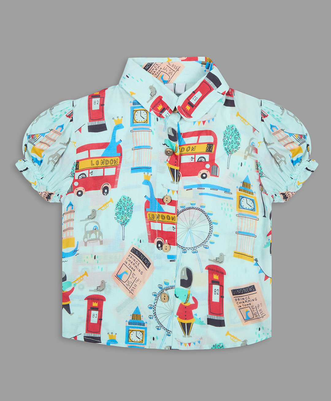 Actuel Modal Woven Half Puffed Sleeves Dinosaur In Bus Printed Top - Blue Red & Yellow-picture-24