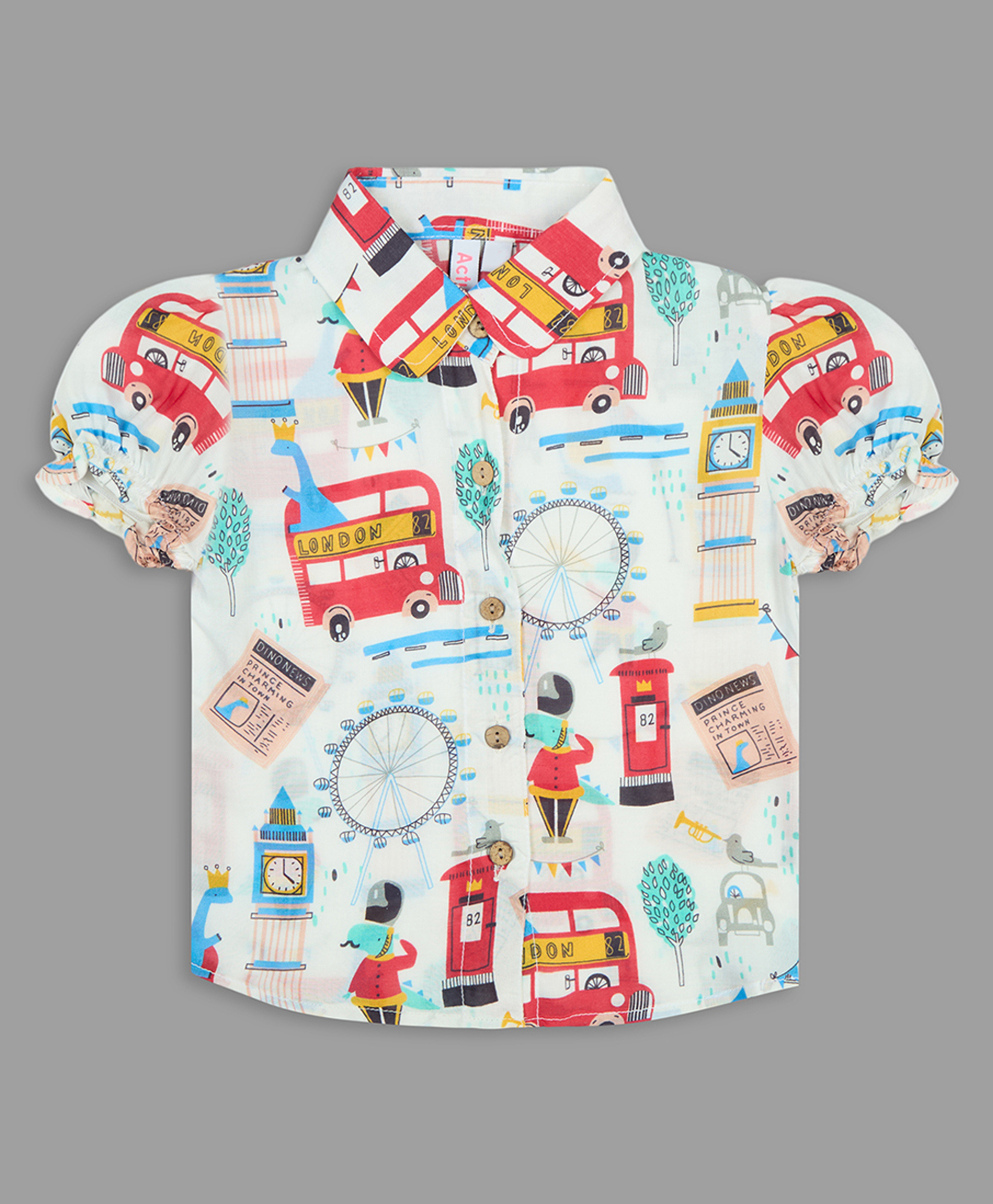 Actuel Modal Woven Half Puffed Sleeves Dinosaur In Bus Printed Top - White Red & Yellow-picture-26