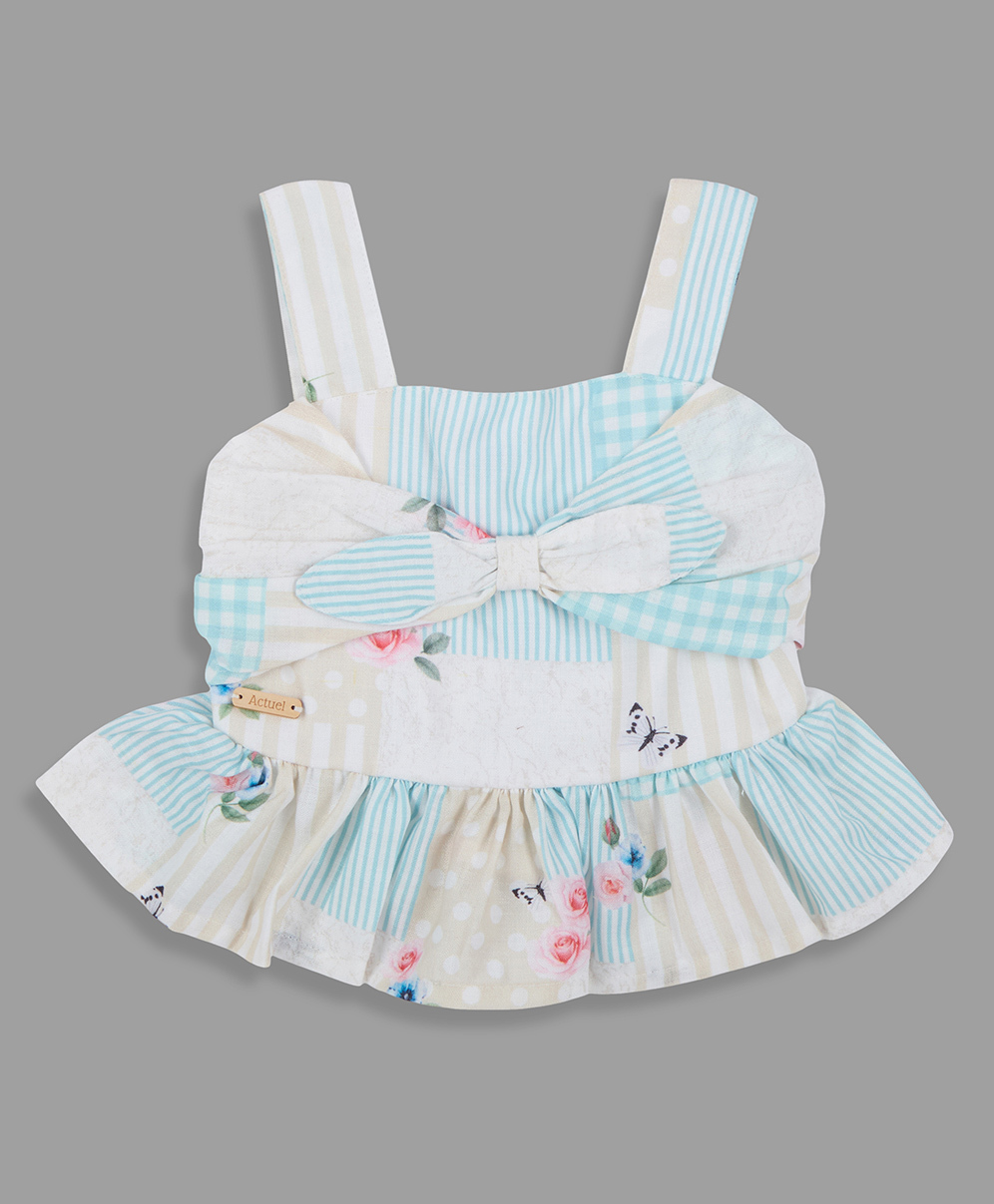 Actuel Sleeveless Floral Printed Bow Detailed Peplum Top - White Beige & Blue-picture-11