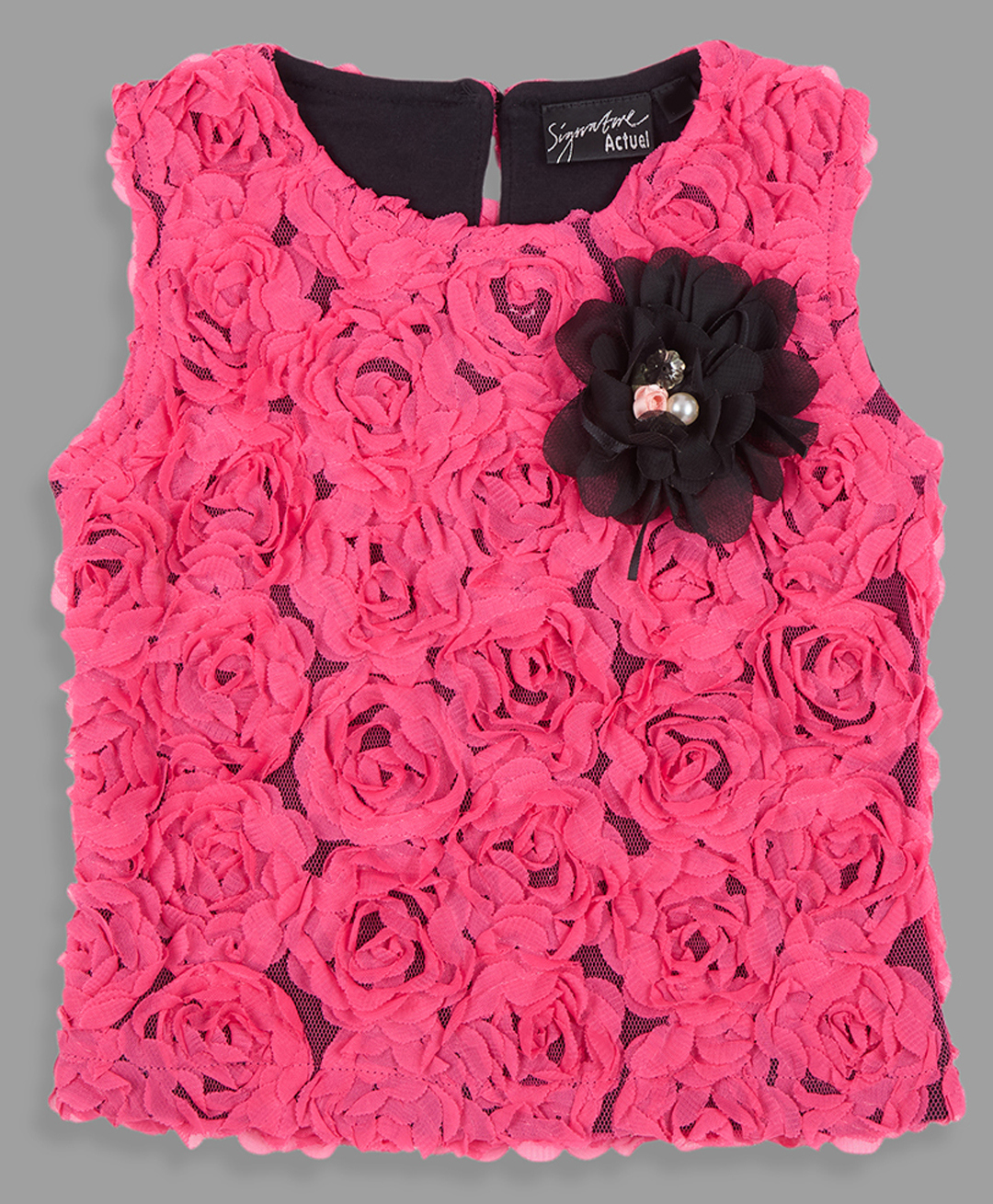 Actuel Net Woven Sleeveless Floral Designed & Applique Detailed Pearl Embellished Top - Pink & Black-picture-13