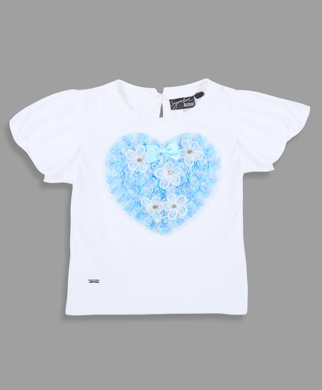 Actuel Cotton Knit Half Sleeves Floral & Heart Applique Detailed Stone Embellished Top - White & Blue-picture-10