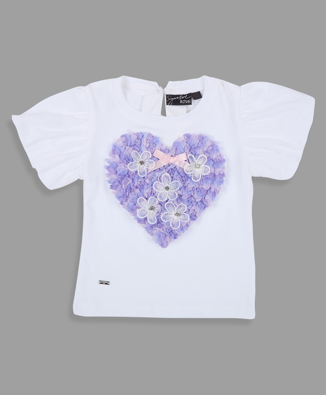 Actuel Cotton Knit Half Sleeves Floral & Heart Applique Detailed Stone Embellished Top - White & Purple-picture-11