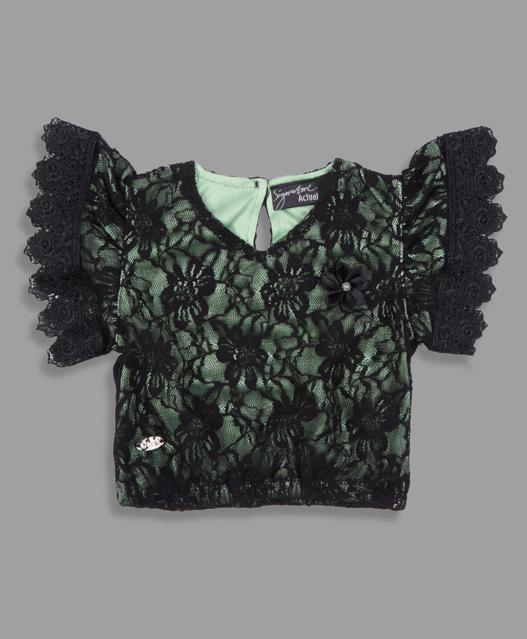 Actuel Woven Frill Sleeves Floral Designed Lace Detailed Crop Top - Black & Green-image-37