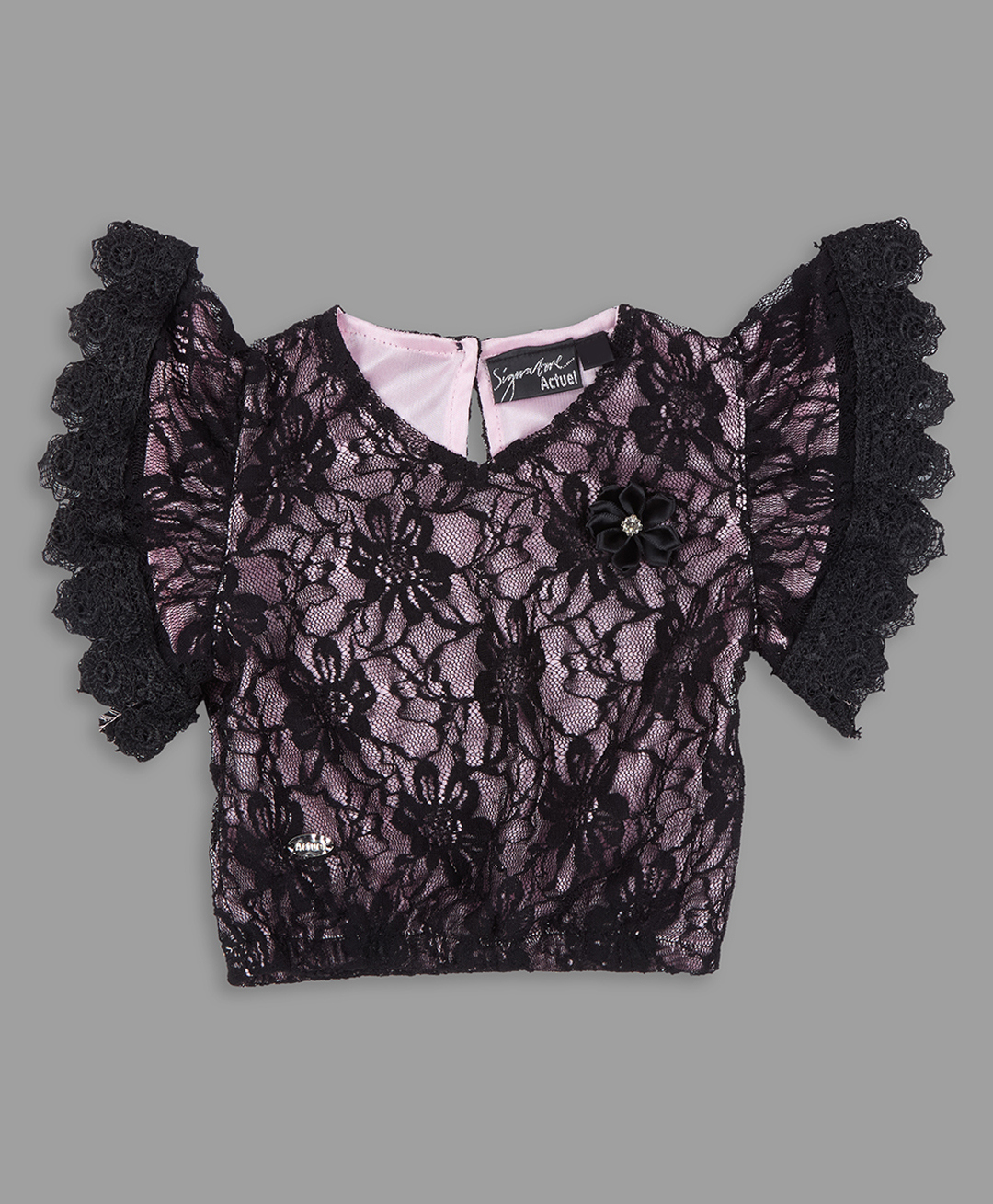 Actuel Woven Frill Sleeves Floral Designed Lace Detailed Crop Top - Black & Pink-picture-23