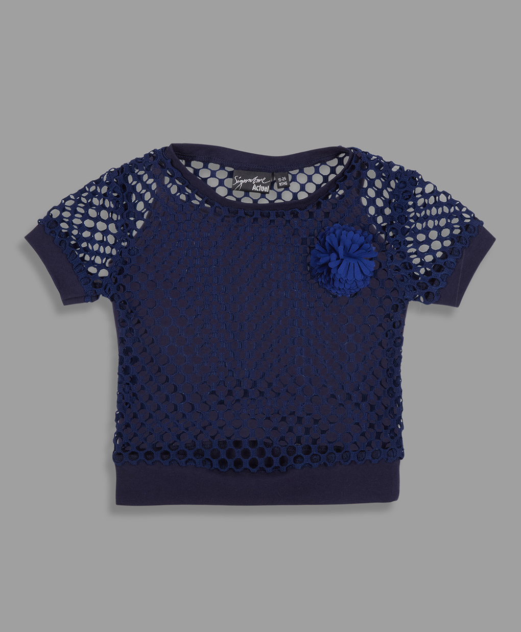 Actuel Cotton Knit Half Sleeves Floral Applique Detailed Top - Navy Blue-picture-13