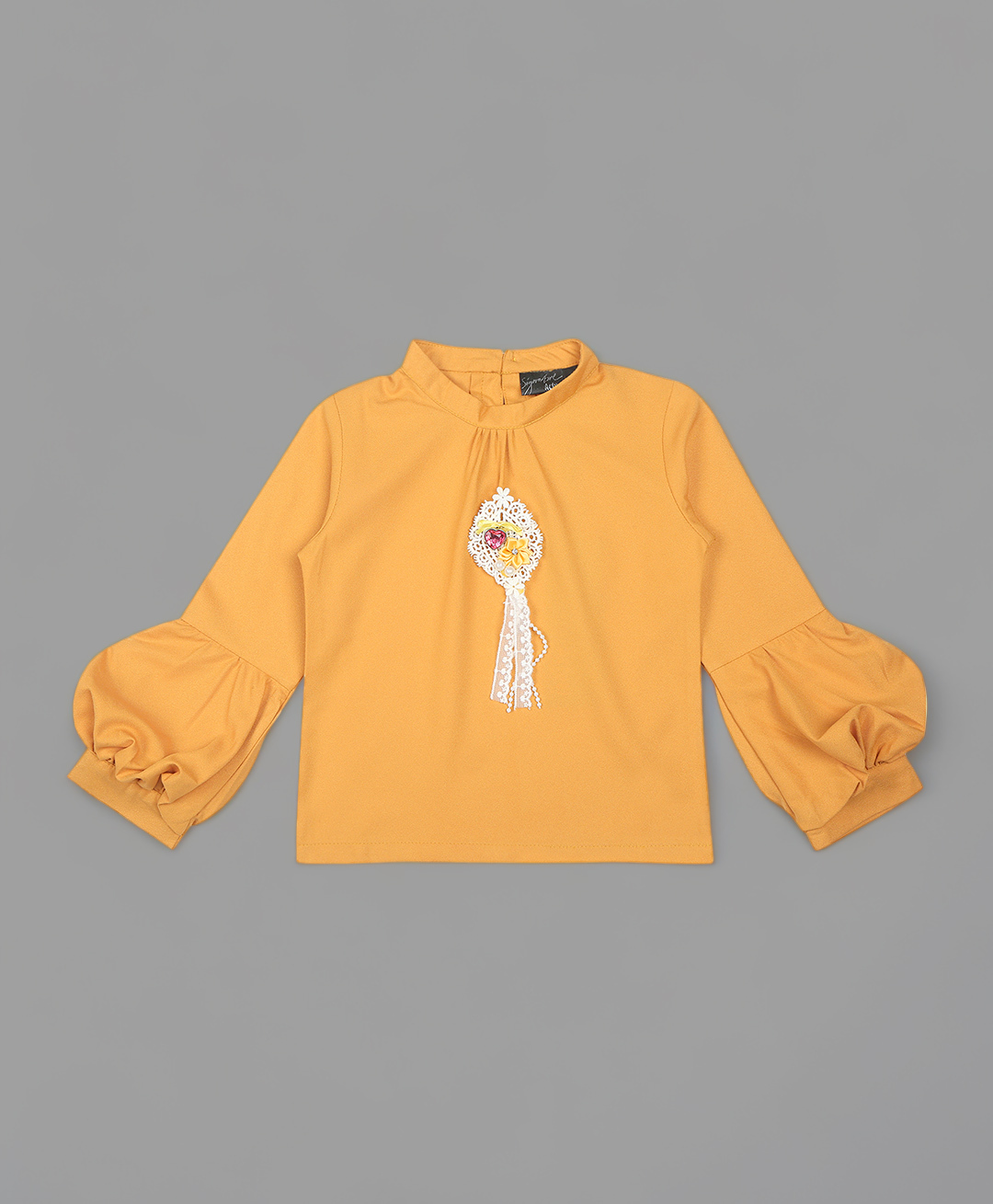Actuel Woven Full Sleeves Floral Applique & Lace Detailed Heart Shaped Stone Embellished Top - Mustard-image-36