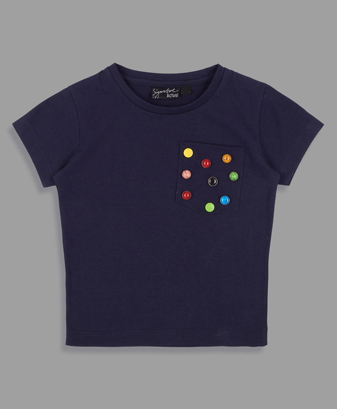 Actuel Cotton Knit Half Sleeves Button Designed Top - Navy Blue-picture-23