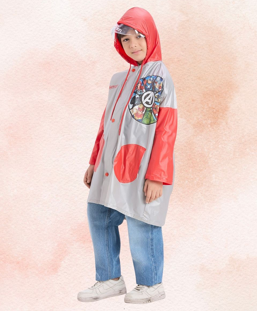 CITIZEN PVC Marvel Avengers Featuring Full Sleeves Characters Printed Hooded Raincoat - Grey-image-4
