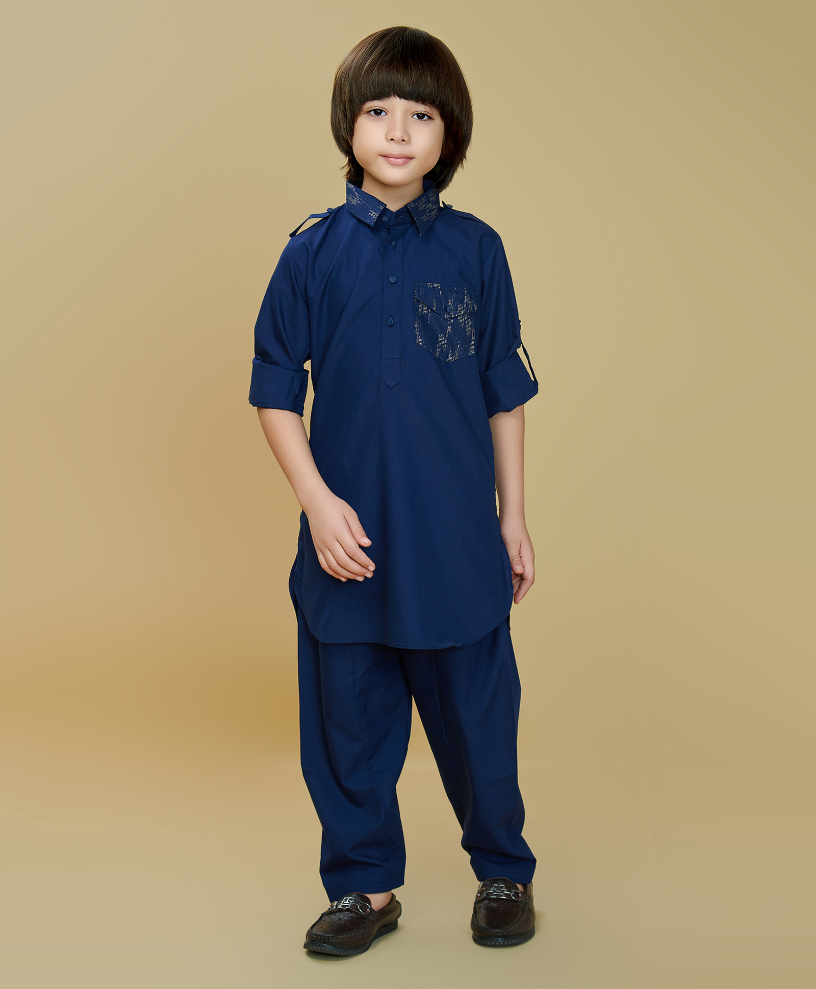 Ministitch Cotton Silk Woven Full Sleeves Foil Printed Pathani Kurta And Pant Set - Ink Blue-picture-38