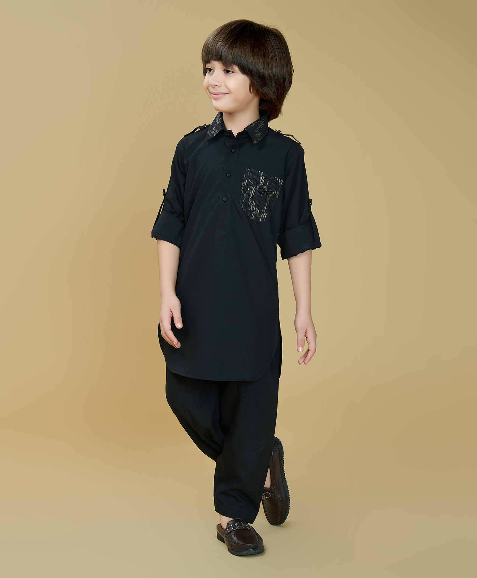 Ministitch Cotton Silk Woven Full Sleeves Foil Printed Pathani Kurta And Pant Set - Black-picture-21