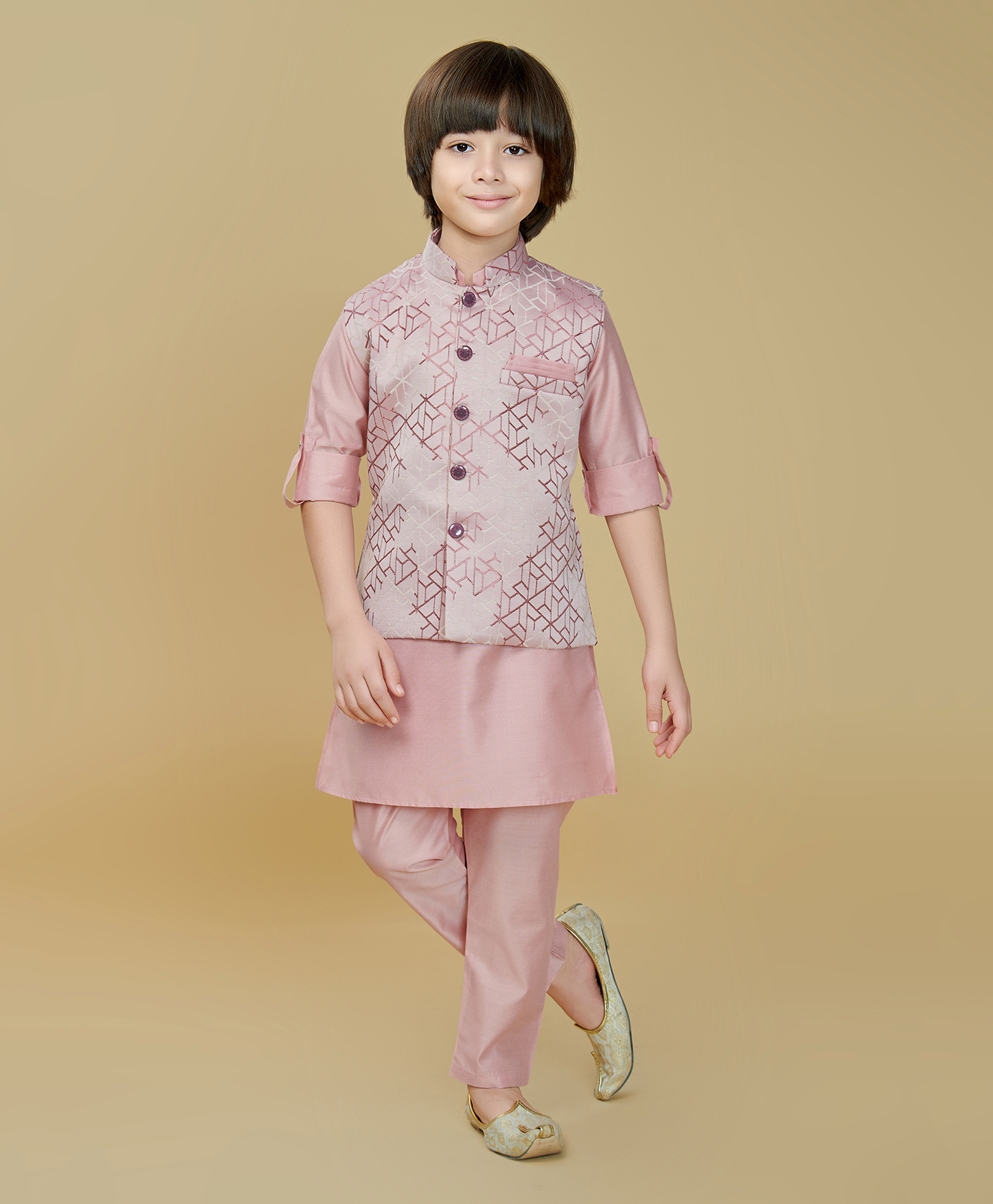 Ministitch Jaquard Woven Full Sleeves Kurta Pant With Geometric Printed Jacket Set - Pink-image-29