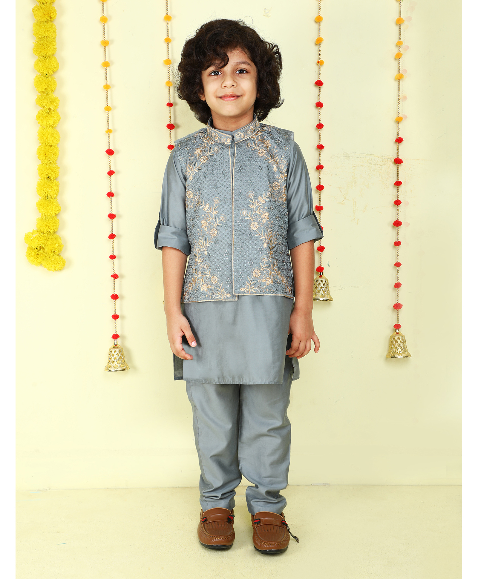 Ministitch Woven Full Sleeves Solid Kurta Pyjama With Floral Gold Zari Embroidered Jacket Set - Grey-picture-25