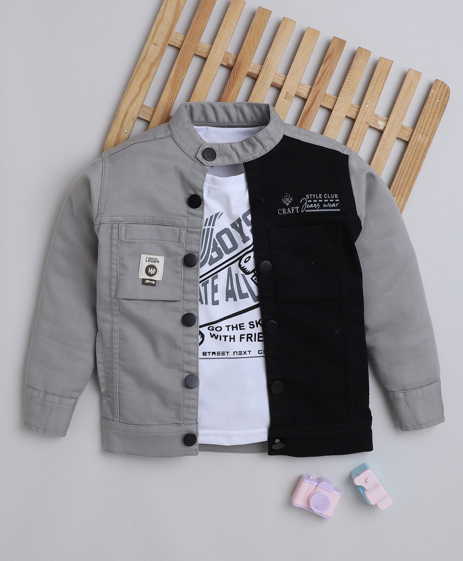 Ministitch Denim Woven Full Sleeves Typography Printed & Colour Blocked Jacket With Tee Set - Grey-image-36