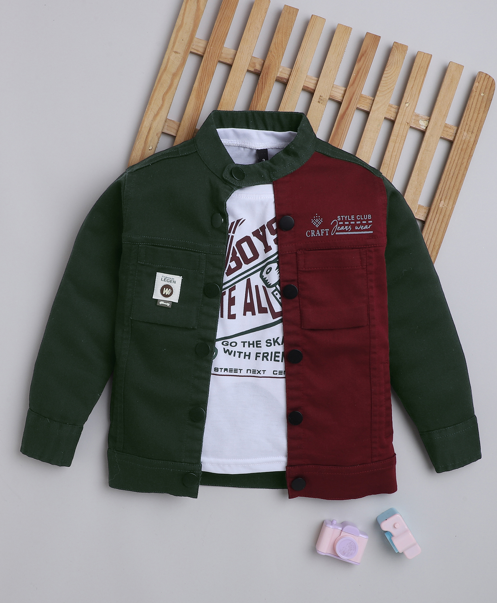 Ministitch Denim Woven Full Sleeves Typography Printed & Colour Blocked Jacket With Tee Set - Maroon-picture-5