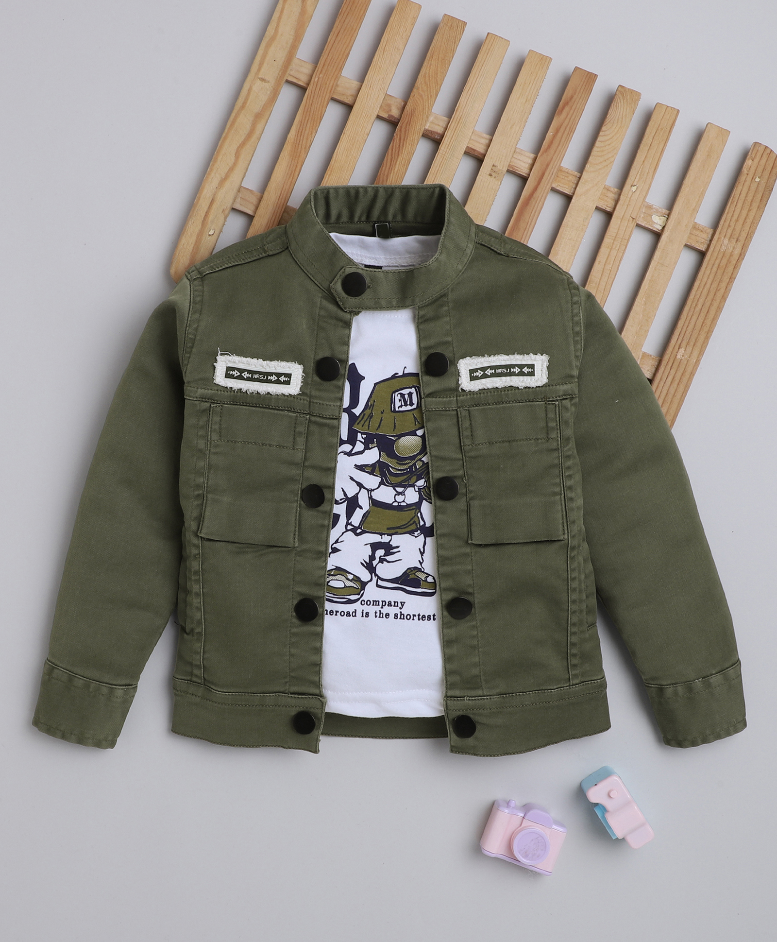 Ministitch Denim Woven Full Sleeves Patch Detailed Jacket With Typography Printed Tee - Olive Green