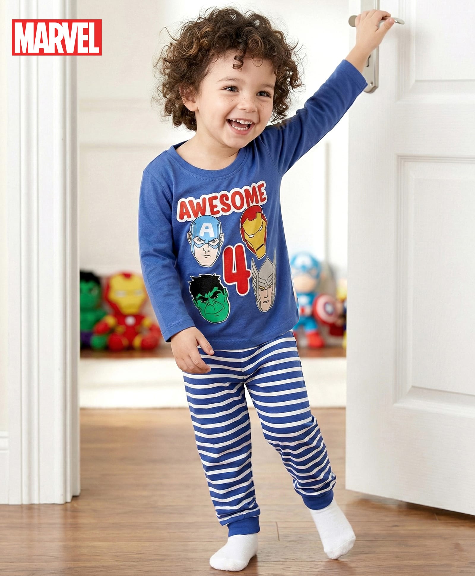 Babyhug Marvel Single Jersey Knit Full Sleeves Night Suit With Marvel Character Print - Navy Blue-image-36