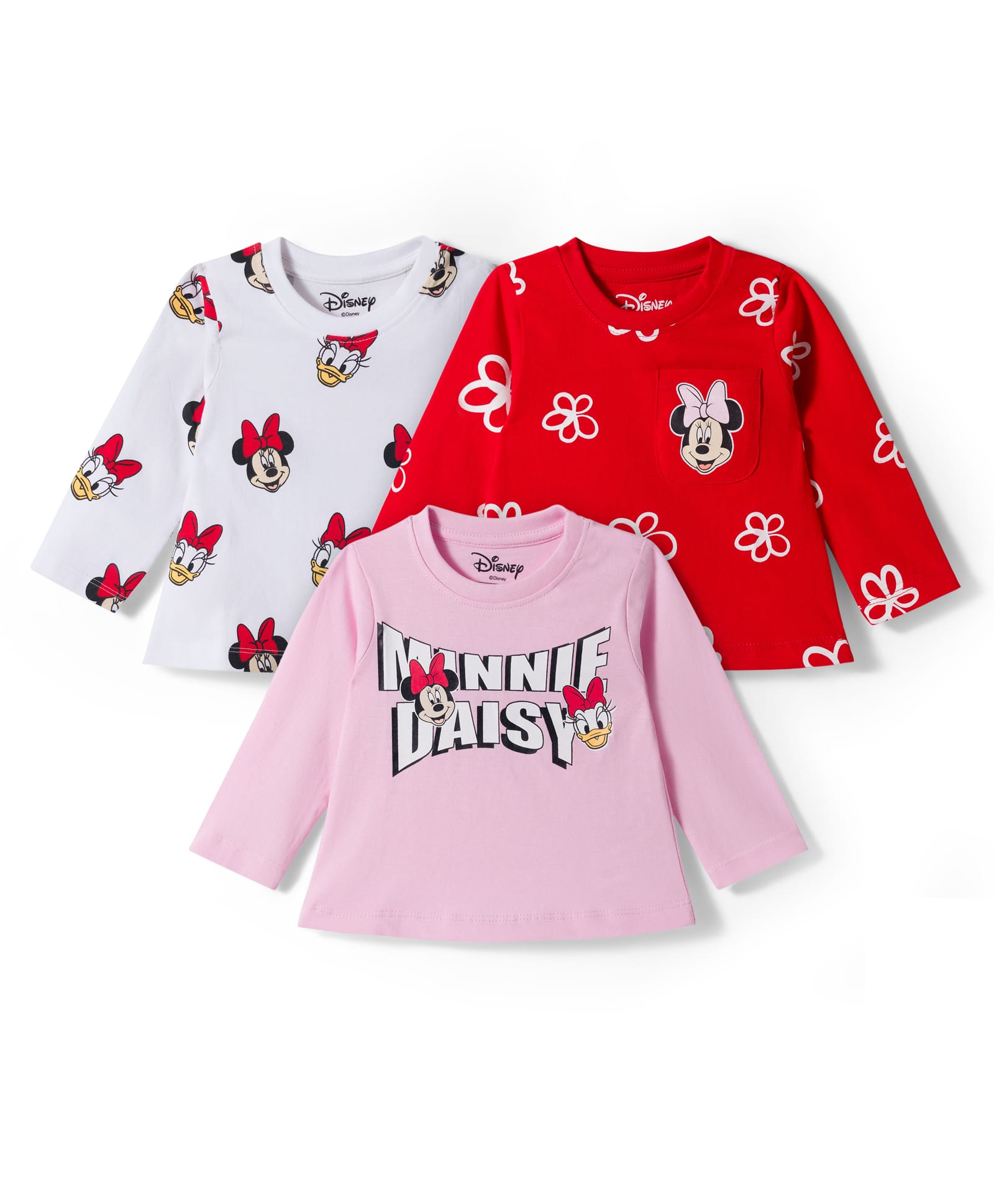 Babyhug Disney Single Jersey Knit Full Sleeves T-Shirt with Minnie & Friedns Graphic Pack of 3 - Pink Red & White-picture-15