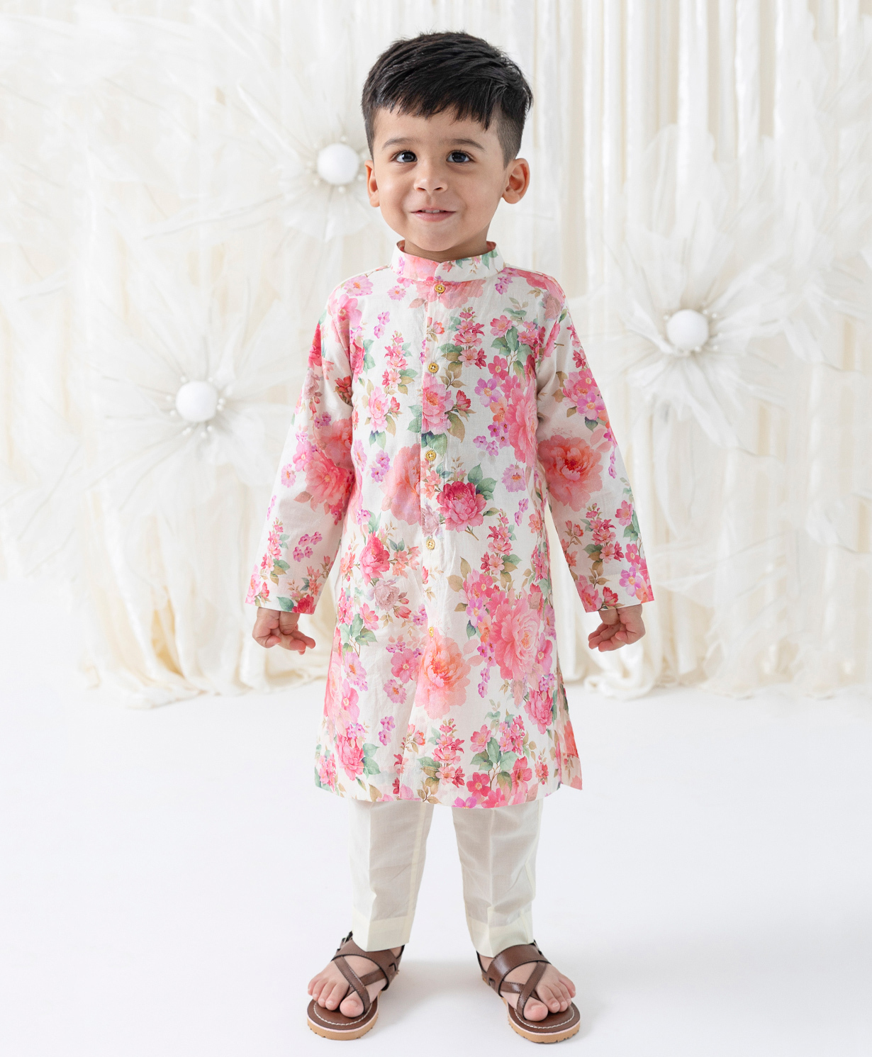 Tiber Taber Viscose Woven Full Sleeves Floral Printed Kurta Pyjama Set - Cream-image-7