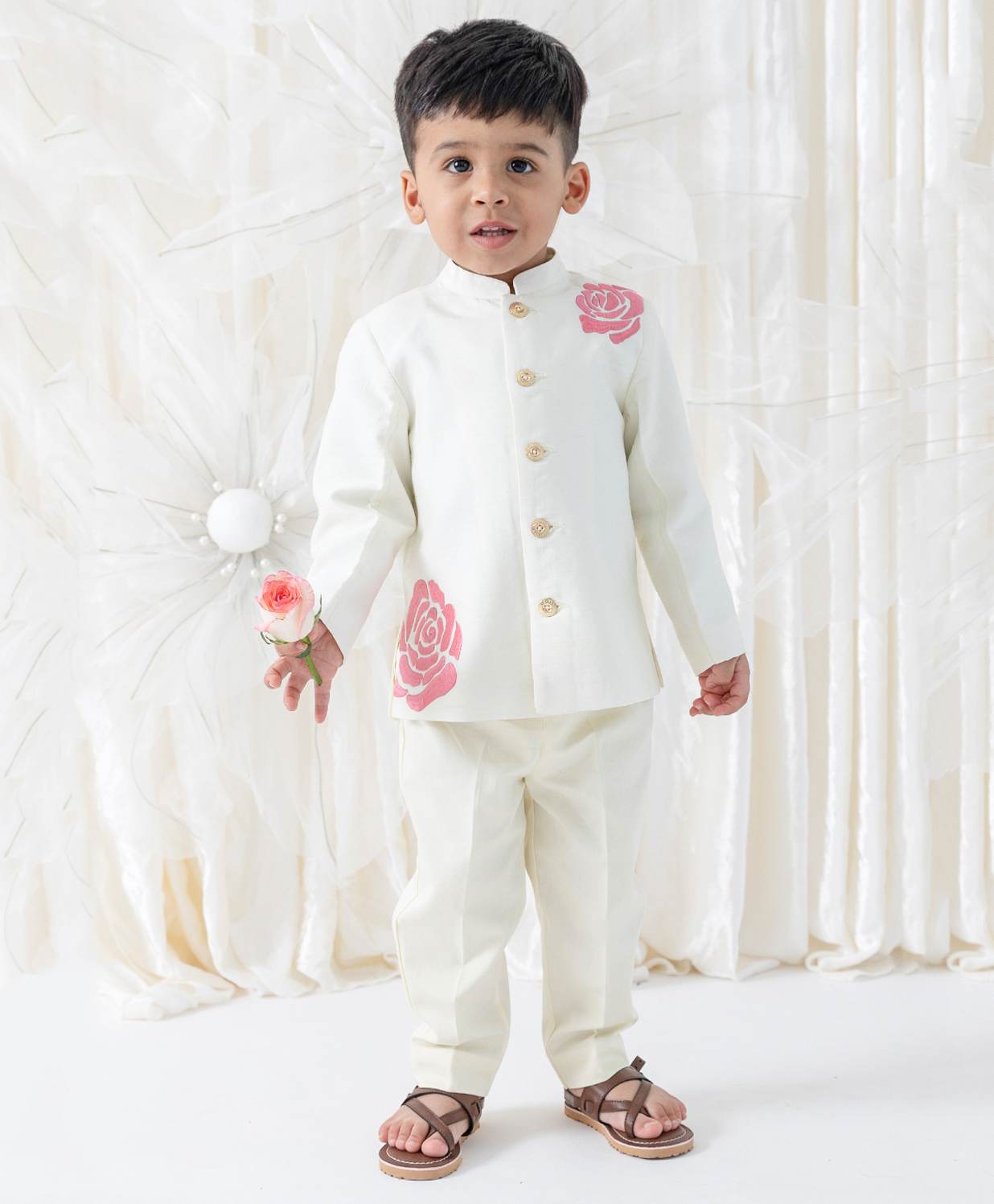 Tiber Taber Viscose Woven Full Sleeves Floral Embroidered Kurta Pant Set - Cream-image-48
