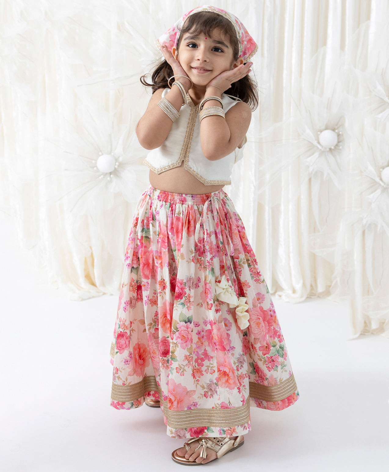 Tiber Taber Cotton Woven Sleeveless Floral Printed Lehenga & Gota lace Embellished Choli With Head Bandana Set - Cream-image-27