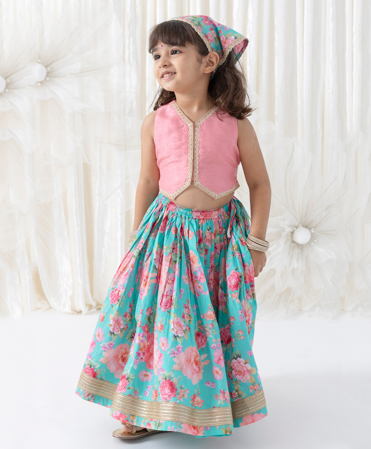 Tiber Taber Cotton Woven Sleeveless Floral Printed Lehenga & Gota lace Embellished Choli With Head Bandana Set - Pink-image-26