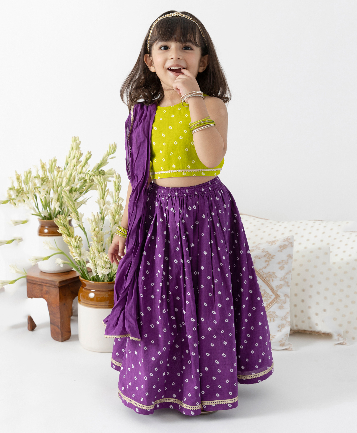 Tiber Taber Cotton Woven Sleeveless Bandhani Printed & Gota Lace Embellished Lehenga Choli With Dupatta Set - Green-image-35