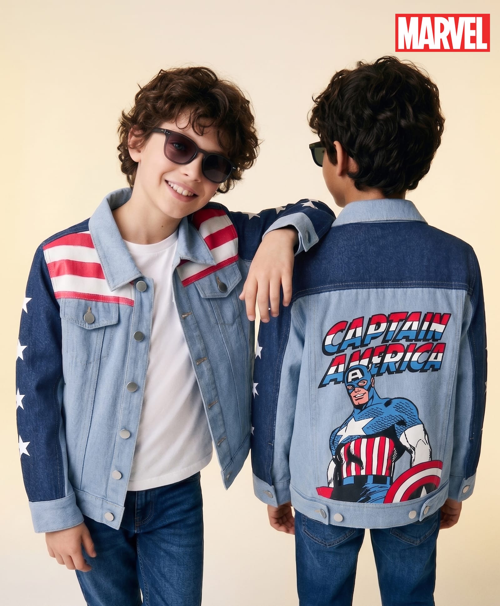 Pine Kids Marvel 100% Cotton Woven Full Sleeves Cut N Sew Denim Jacket With Front & Back Captain America Graphics - Light Blue-picture-32