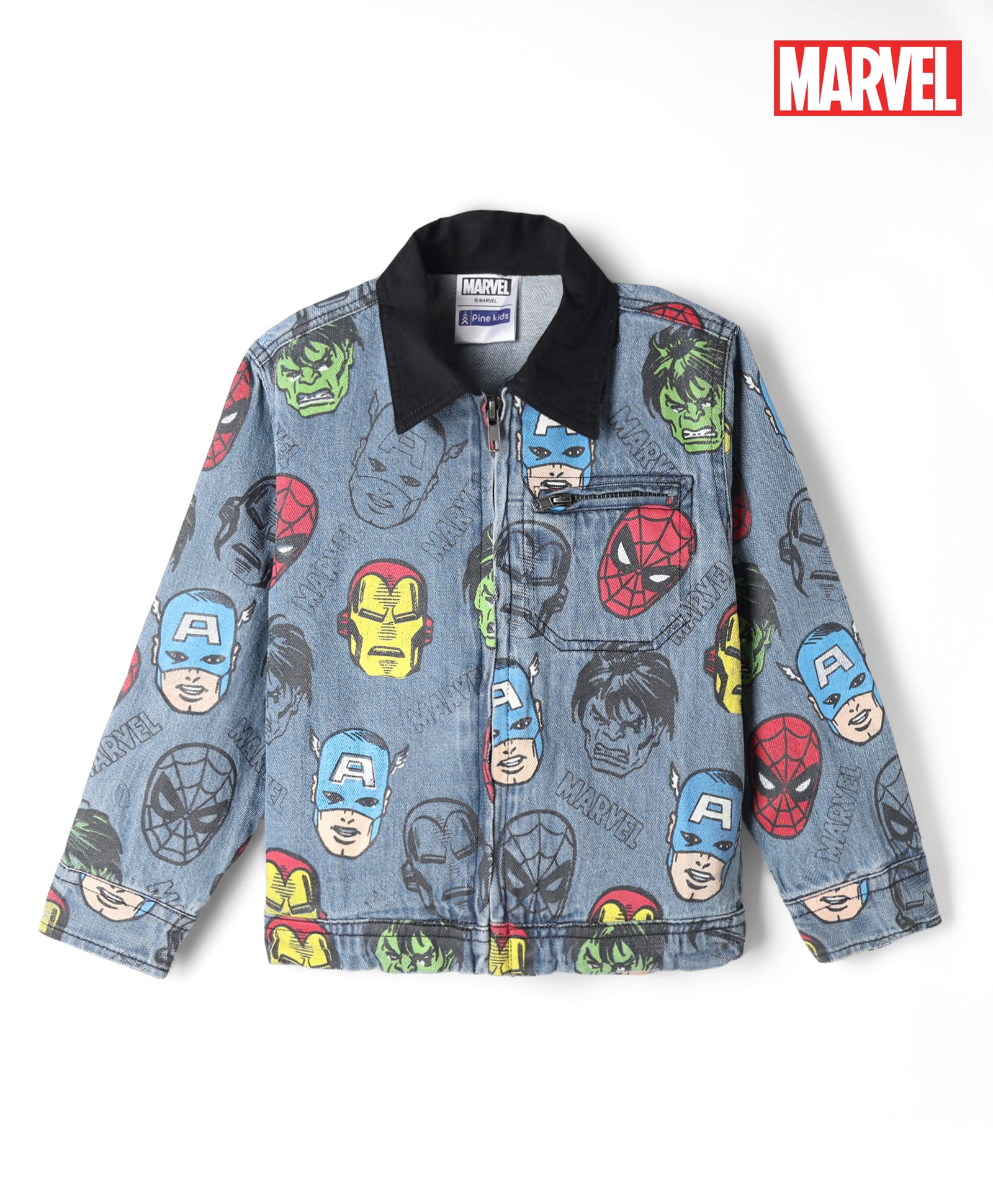 Pine Kids Marvel Woven Denim Jacket with Full Sleeves and Avengers Print - Navy Blue-image-15