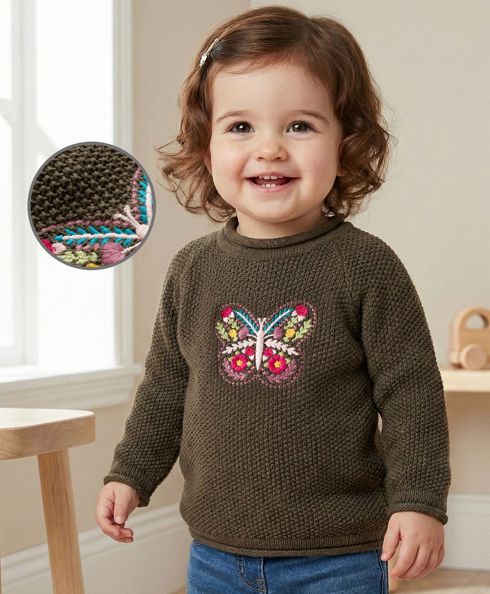 Babyoye Cotton Knit Full Sleeves Pullover Sweater With Butterfly Embriodery - Olive Green-picture-22