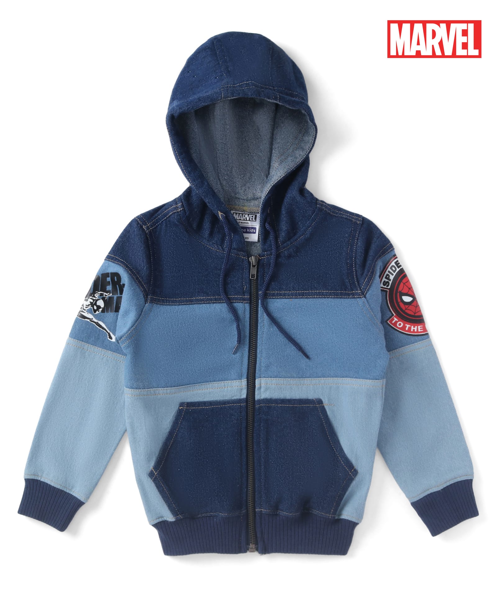 Pine Kids Denim Knit Full Sleeves Cut & Sew Hooded Jacket with Spider Man Graphics & Kangaroo Pockets -Blue-image-49
