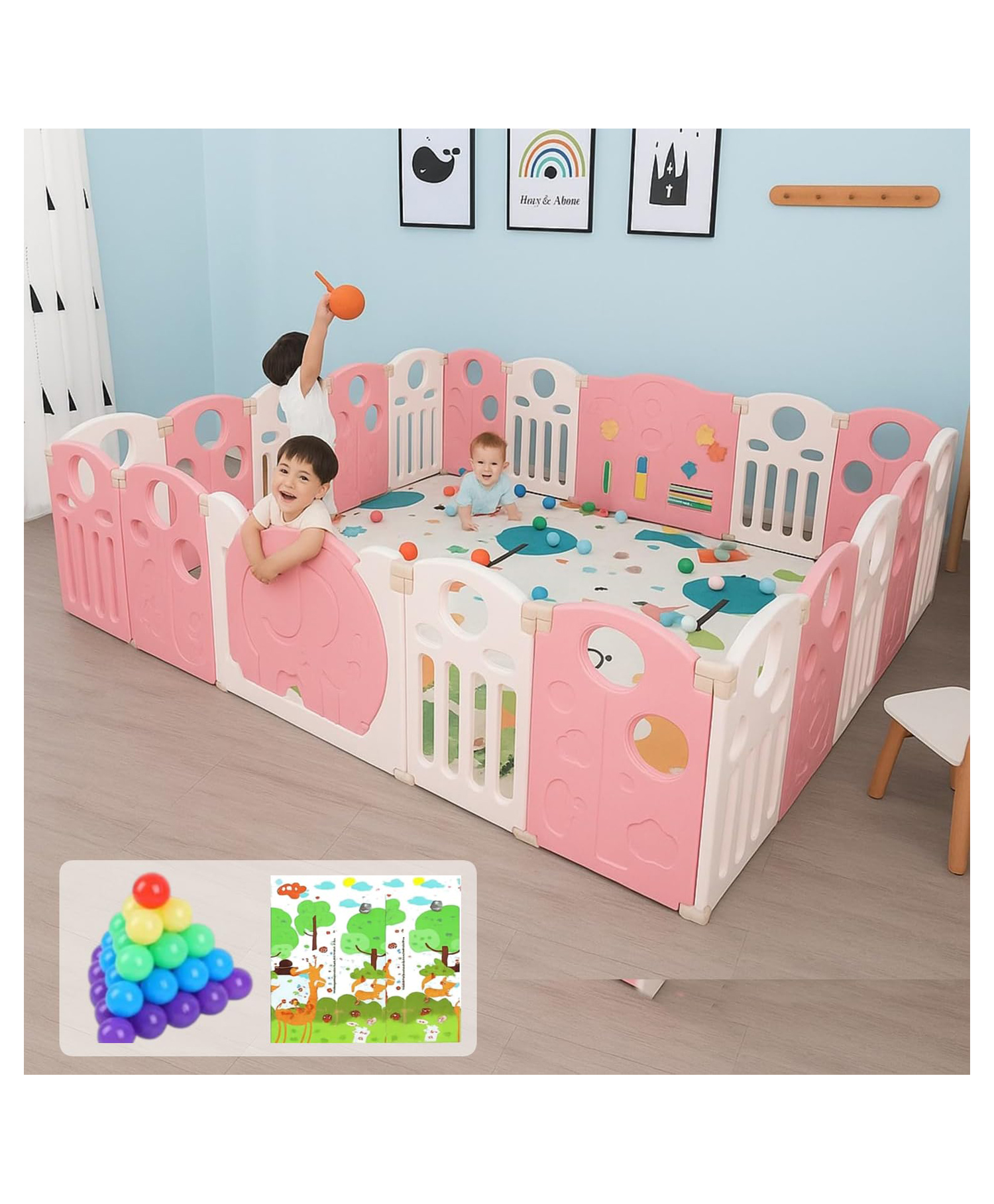 Metreno 16 Panel Playpen Play Yard for Babies Upto 5 Years Baby Playpens With Play Mat, Gate and Balls Kids Activity Playard, Pink-image-38