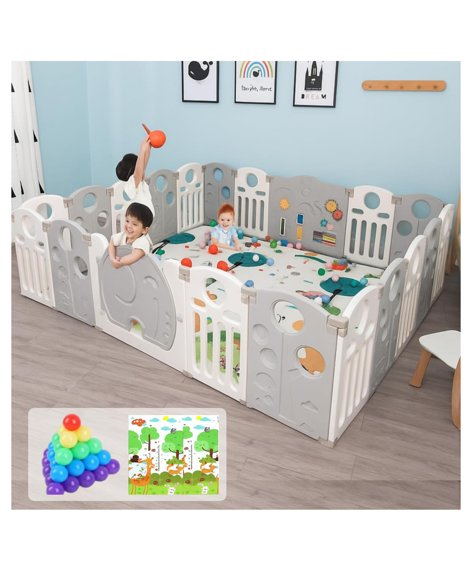 Metreno 20 panel playpen play yard for baby playpens with play mat, Gate and Balls kids activity playards for Kids, Grey-image-20