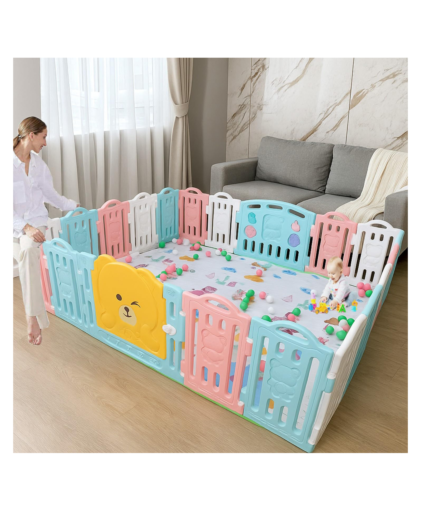 Metreno 18 panel playpen play yard for babies upto 5 years baby playpens with play mat, Gate and Balls kids activity playard, Multicolor-image-39