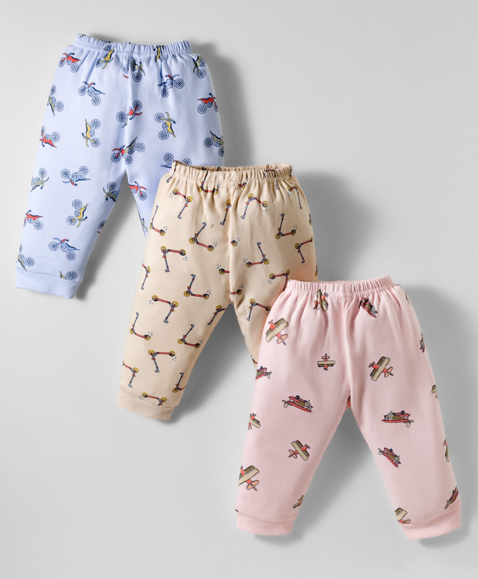 Zero Interlock Knit Full Length Lounge Pant with Vehicle Print Pack of 3 - Peach Light Blue & Beige-image-5