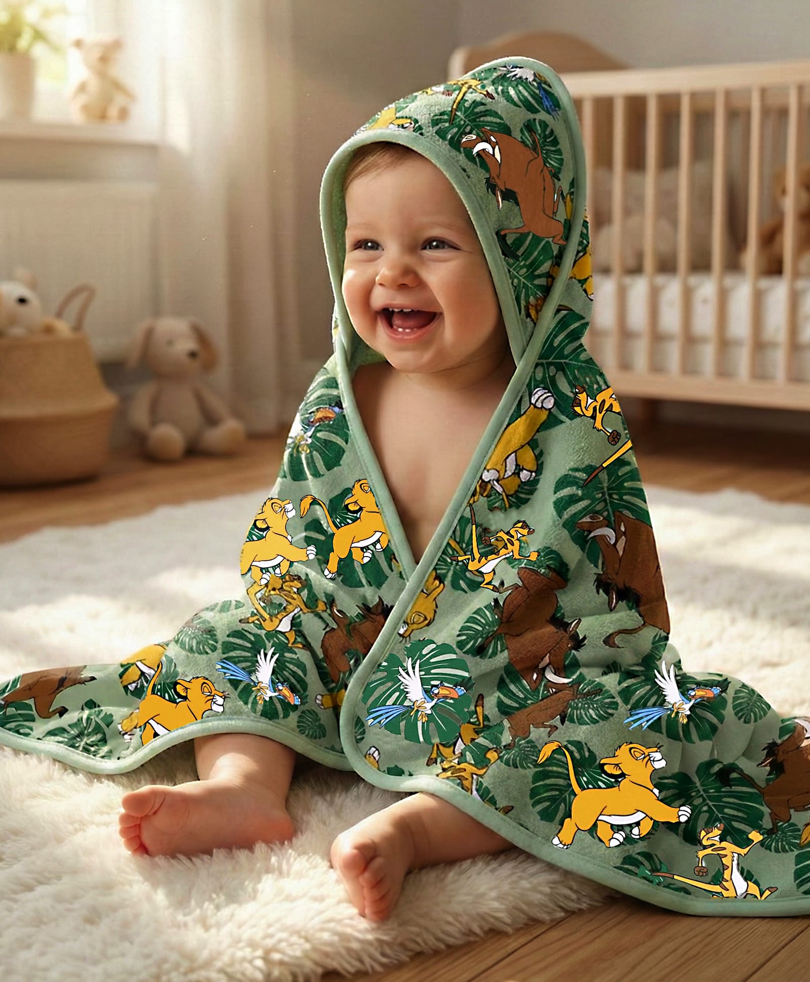 Babyhug Disney Interlock Knit Towel with Lion King Print L 76.2 x B 101.6 cm - Green-picture-28