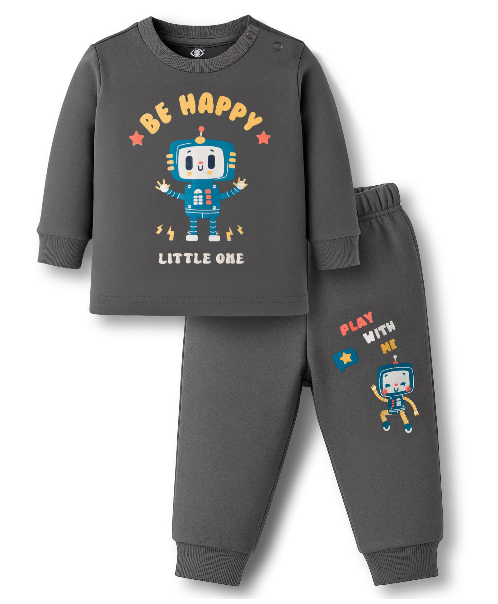 Zero Interlock Knit Full Sleeves T- Shirt and Joggers Set with Be Happy Little One Text Print - Charcoal Grey-image-47