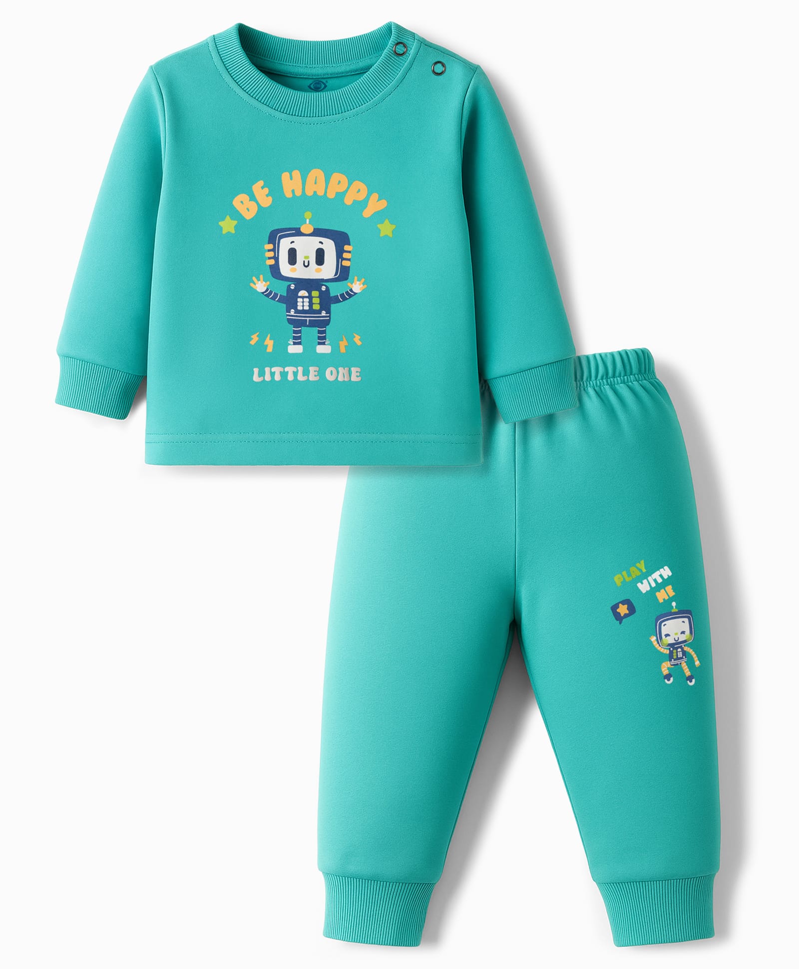 Zero Interlock Knit Full Sleeves T- Shirt and Joggers Set with Be Happy Little One Text Print - Aqua Blue-picture-24