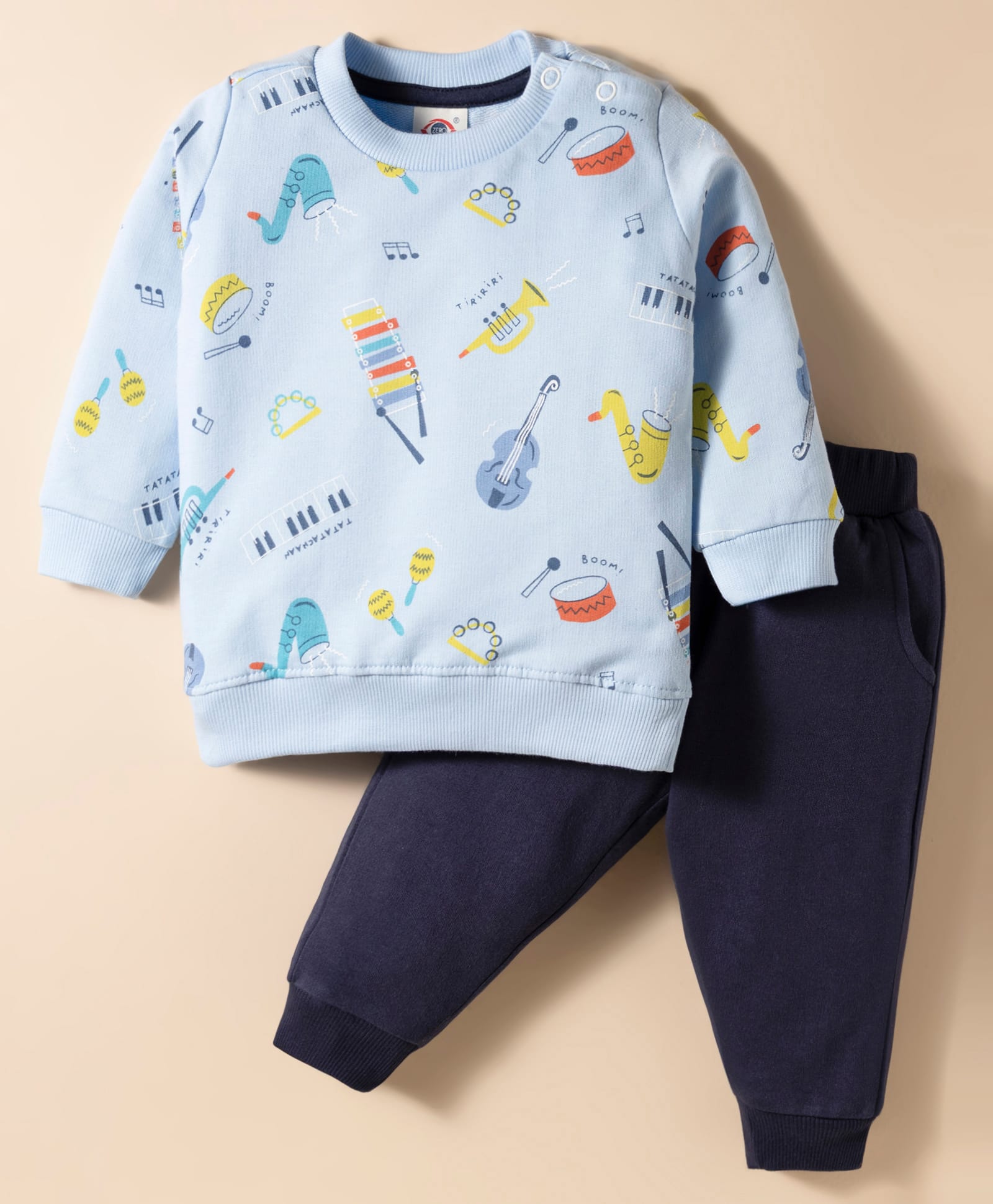 Zero Looper Knit Full Sleeves Looper T-Shirt & Lounge Pant Set with Instrument Print - Sky & Navy Blue-picture-11