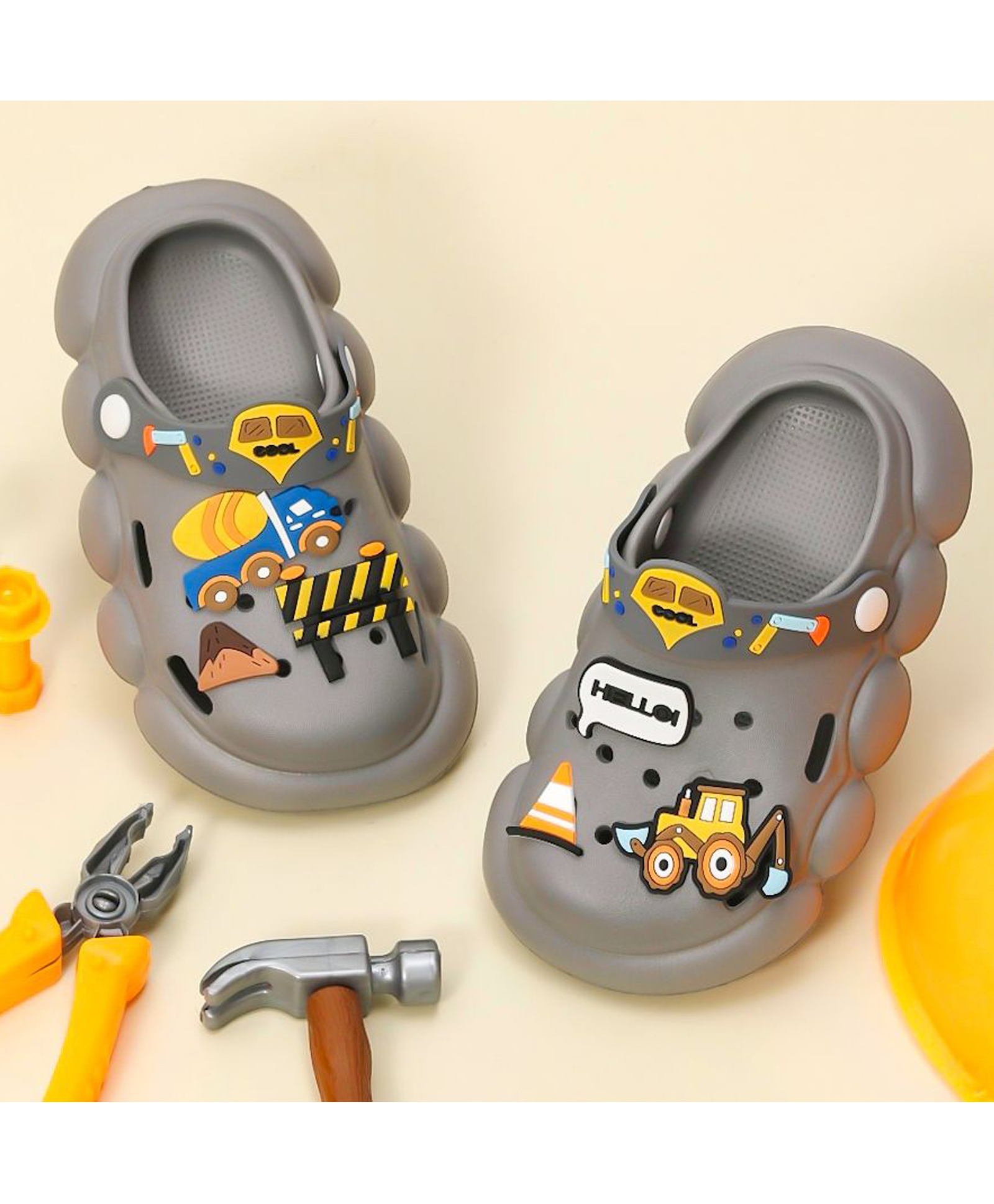 Yellow Bee Construction Theme Applique Detailed With Slingback Perforated Clogs - Grey-image-26