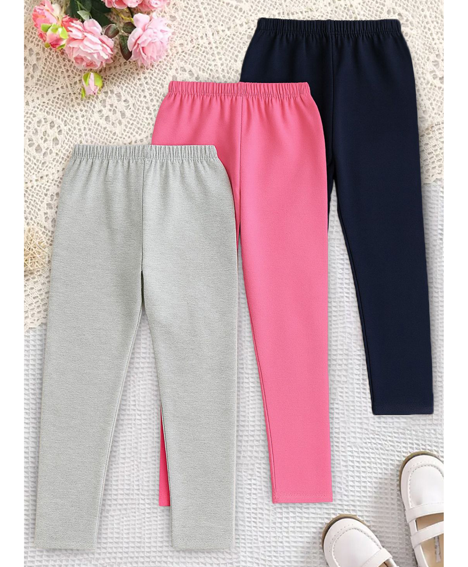 Trampoline Cotton Lycra Knit Pack Of 3 Solid Leggings - Black Pink & Grey-picture-10