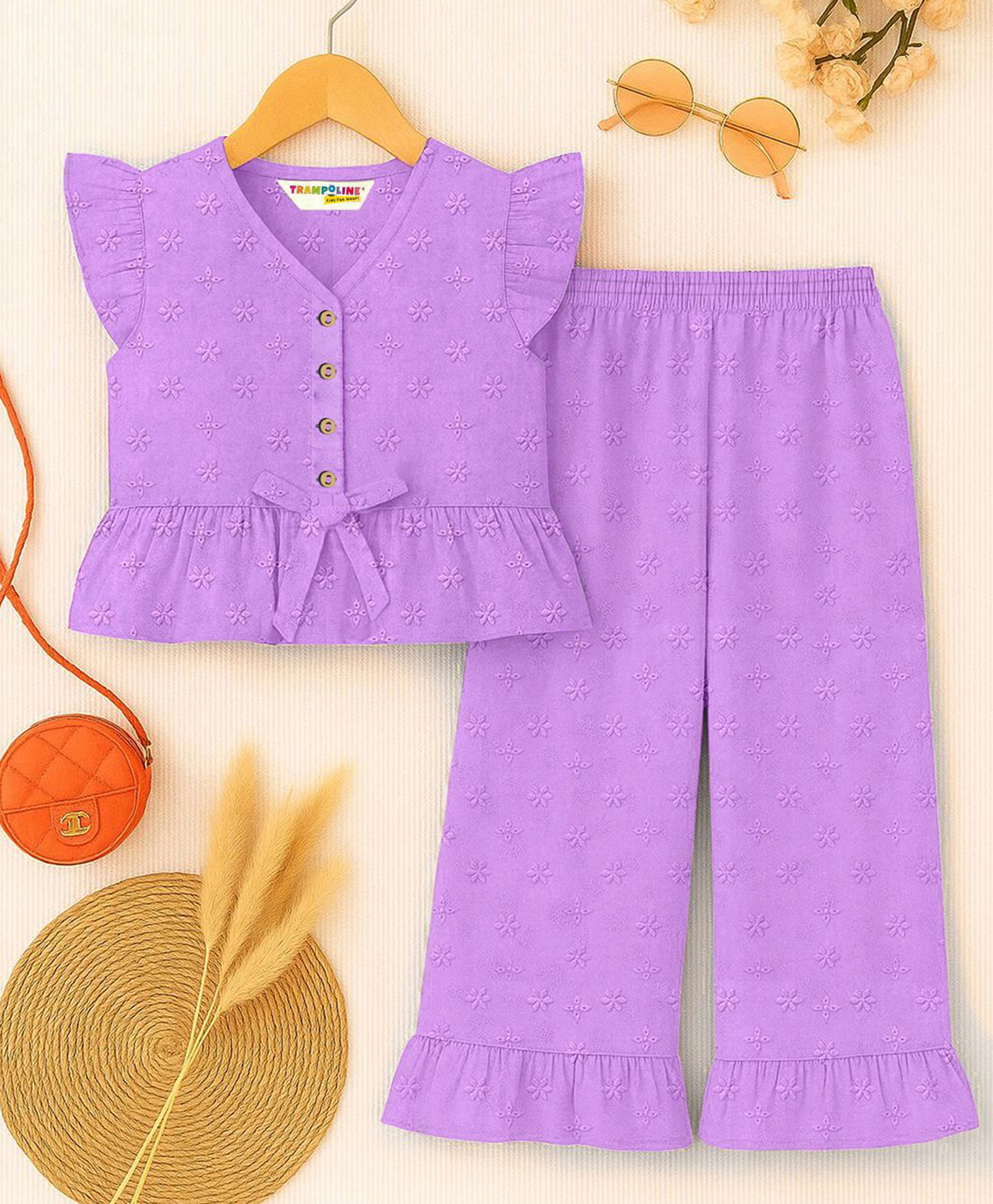 Trampoline Cotton Knit Sleeveless Floral Schiffli Embroidered Bow Applique Detailed Crop Top With Trousers Set - Purple-image-42