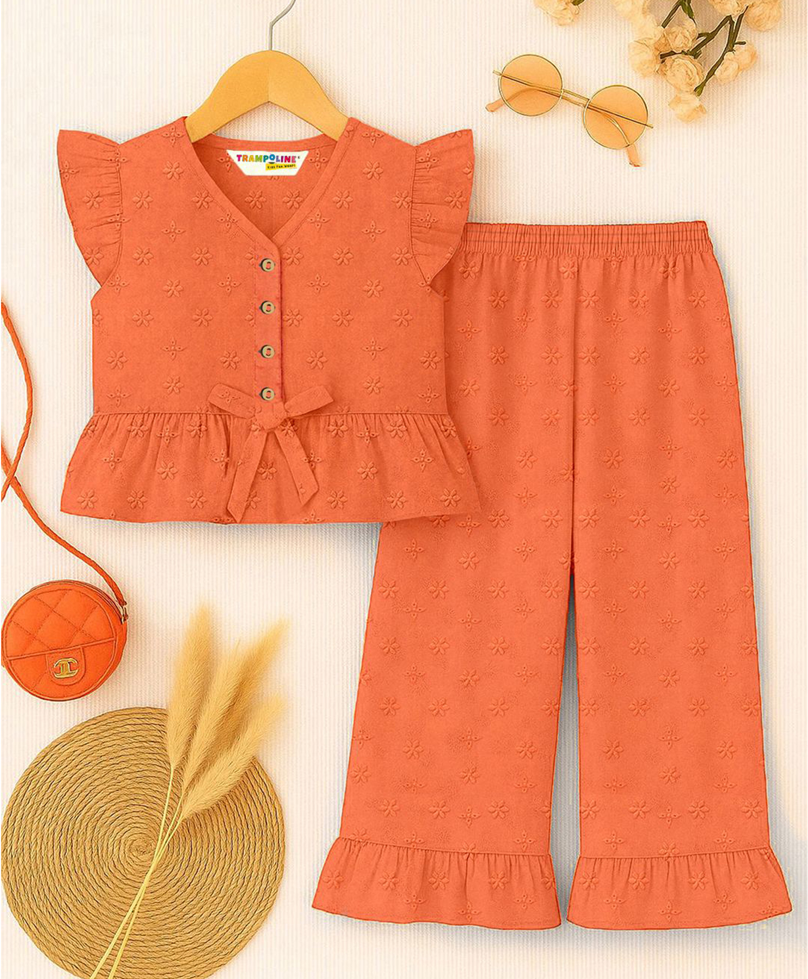 Trampoline Cotton Knit Sleeveless Floral Schiffli Embroidered Bow Applique Detailed Crop Top With Trousers Set - Orange-picture-26