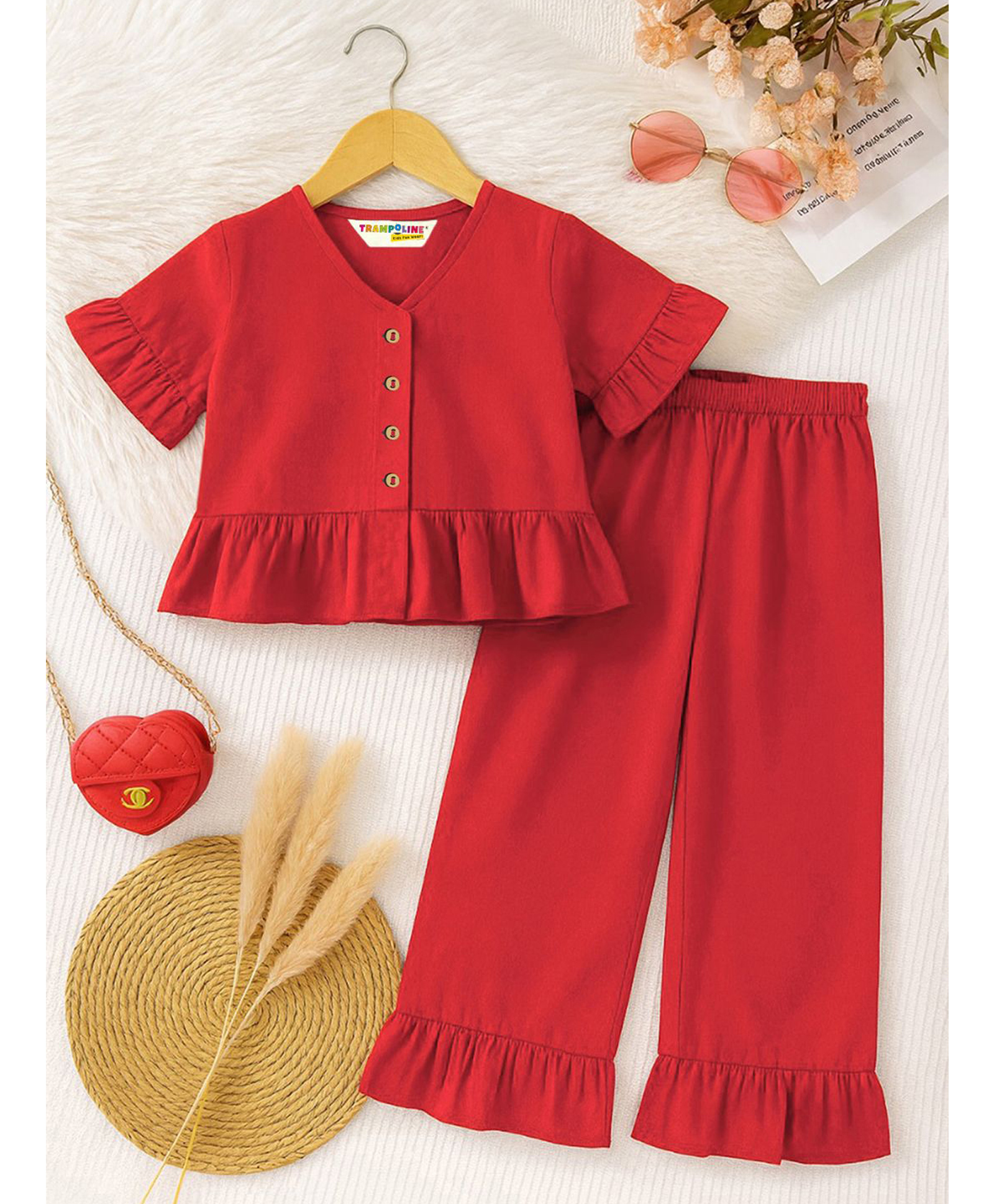 Trampoline Cotton Knit Half Sleeves Frill Detailed Crop Top With Pants Set - Red-picture-32